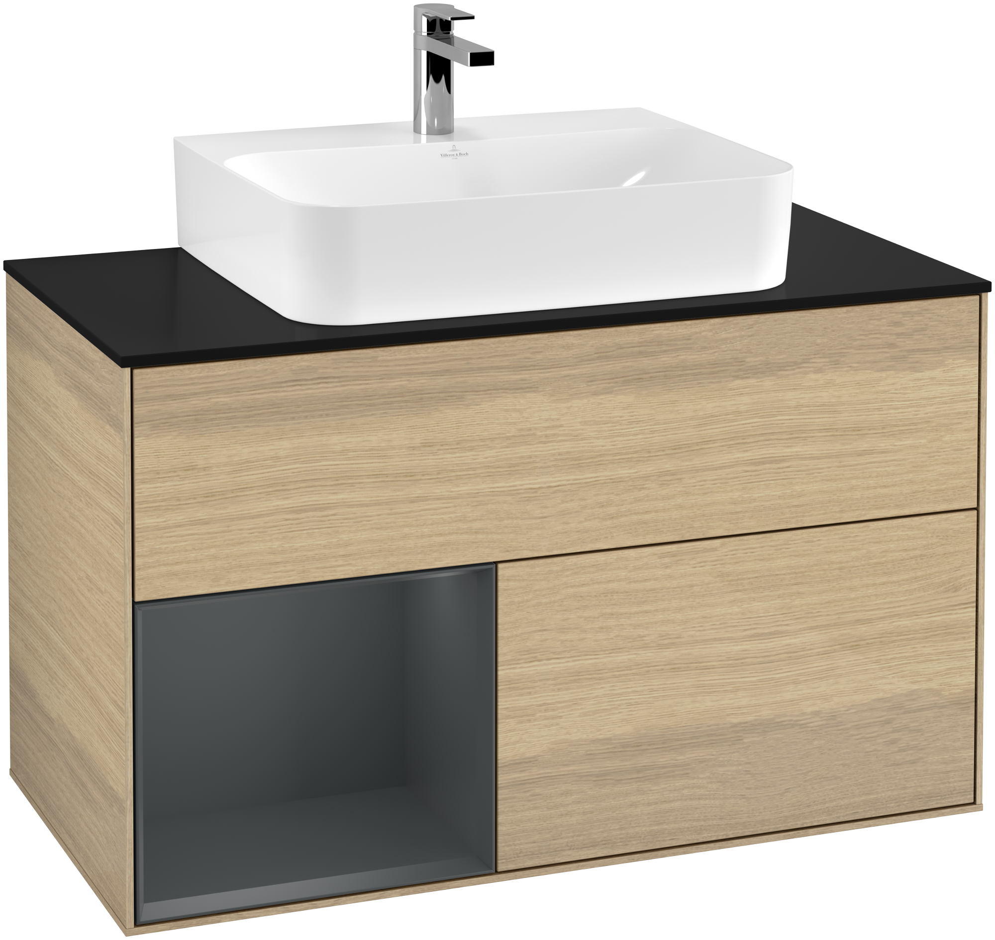 Villeroy & Boch Finion Vanity unit, with lighting, 2 pull-out compartments, 1000x603x501mm, Body: Oak Veneer, Front: Oak Veneer, Shelf: Midnight Blue Matt Lacquer, Cover plate: Glass Black Matt