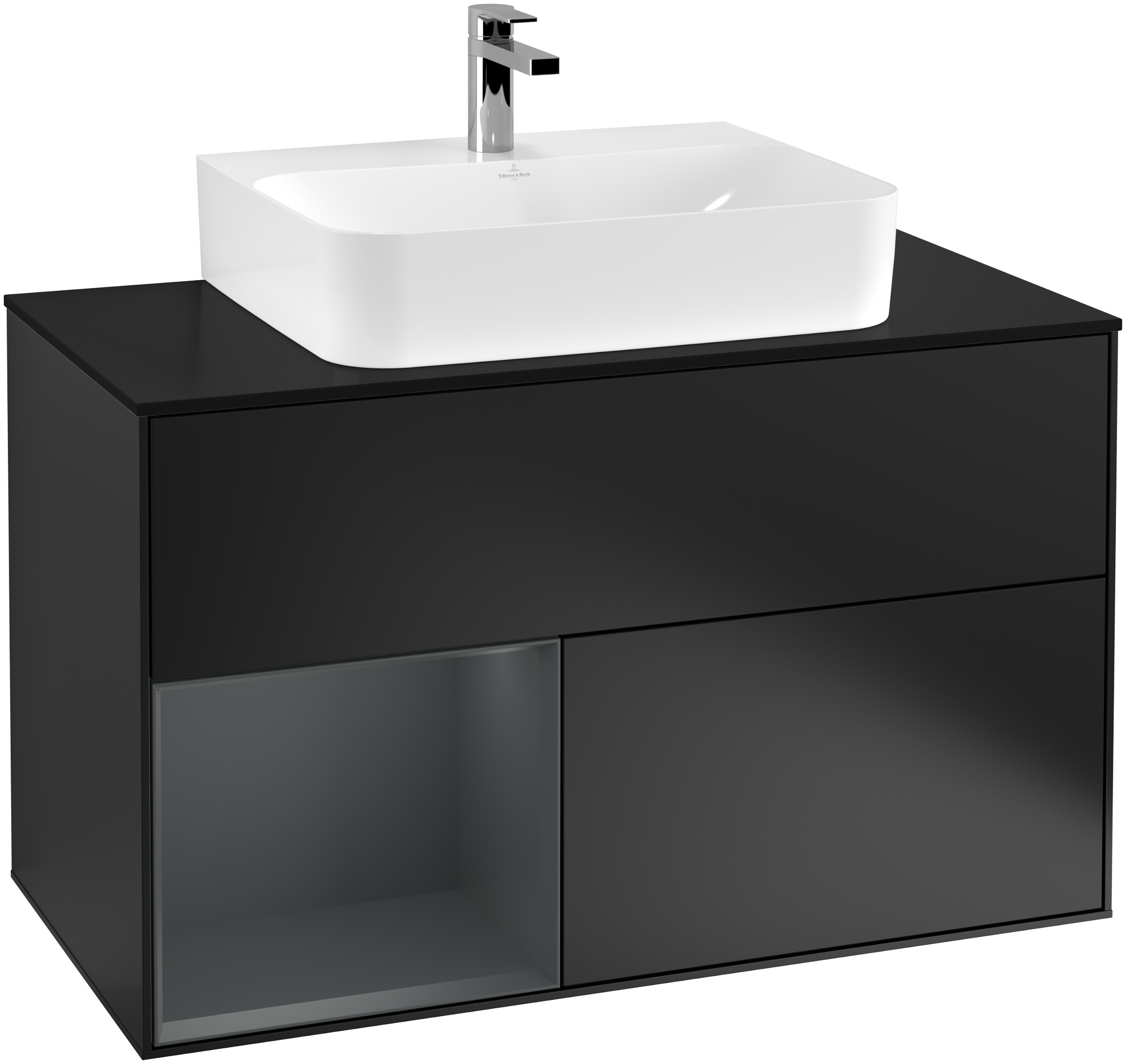 Villeroy & Boch Finion Vanity unit, with lighting, 2 pull-out compartments, 1000x603x501mm, Body: Black Matt Lacquer, Front: Black Matt Lacquer, Shelf: Midnight Blue Matt Lacquer, Cover plate: Glass Black Matt