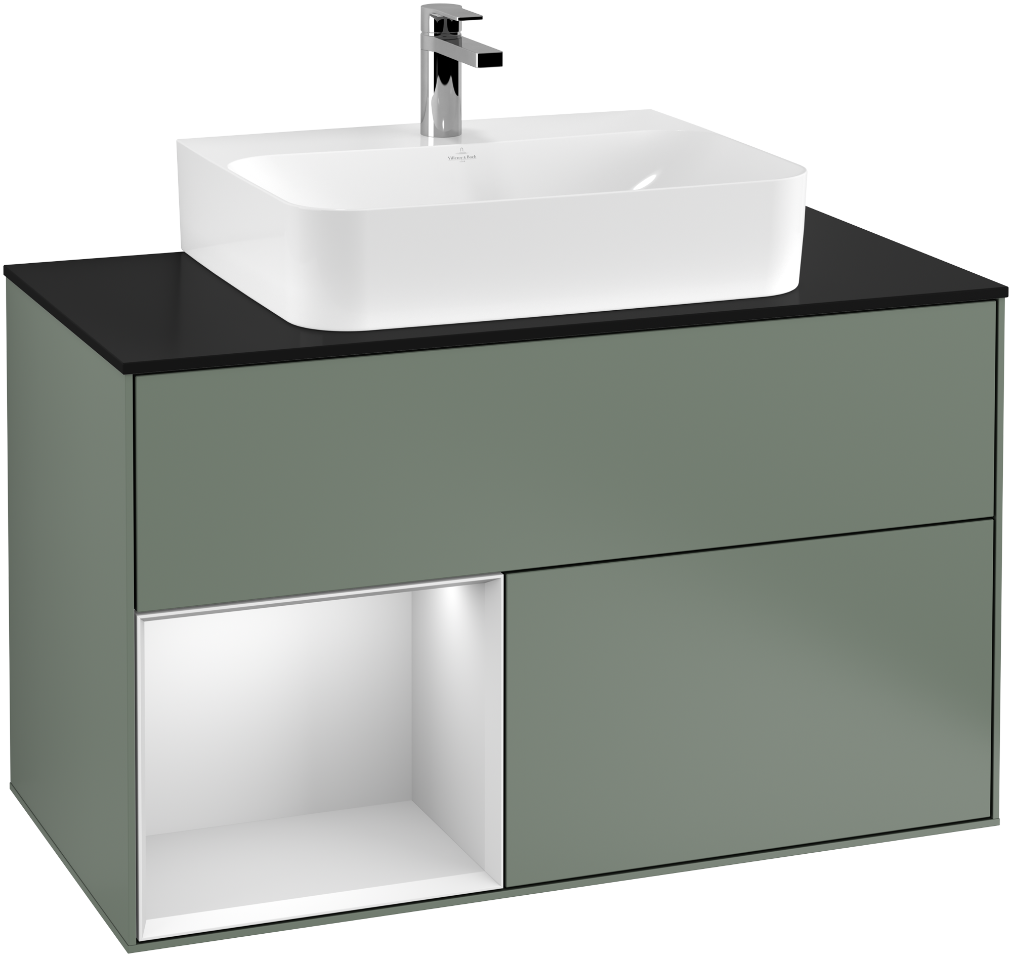 Villeroy & Boch Finion Vanity unit, with lighting, 2 pull-out compartments, 1000x603x501mm, Body: Olive Matt Lacquer, Front: Olive Matt Lacquer, Shelf: White Matt Lacquer, Cover plate: Glass Black Matt