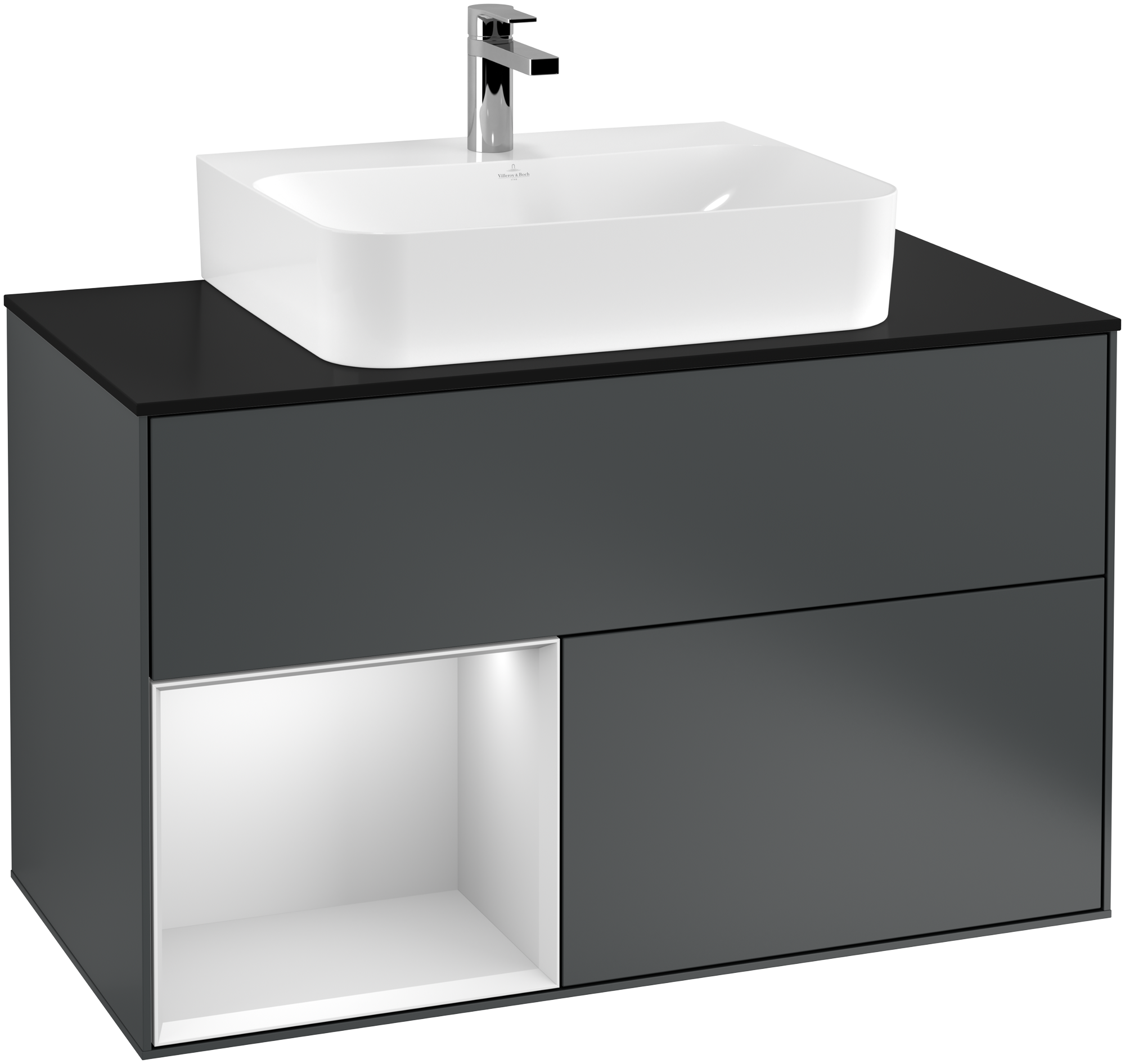 Villeroy & Boch Finion Vanity unit, with lighting, 2 pull-out compartments, 1000x603x501mm, Body: Midnight Blue Matt Lacquer, Front: Midnight Blue Matt Lacquer, Shelf: White Matt Lacquer, Cover plate: Glass Black Matt