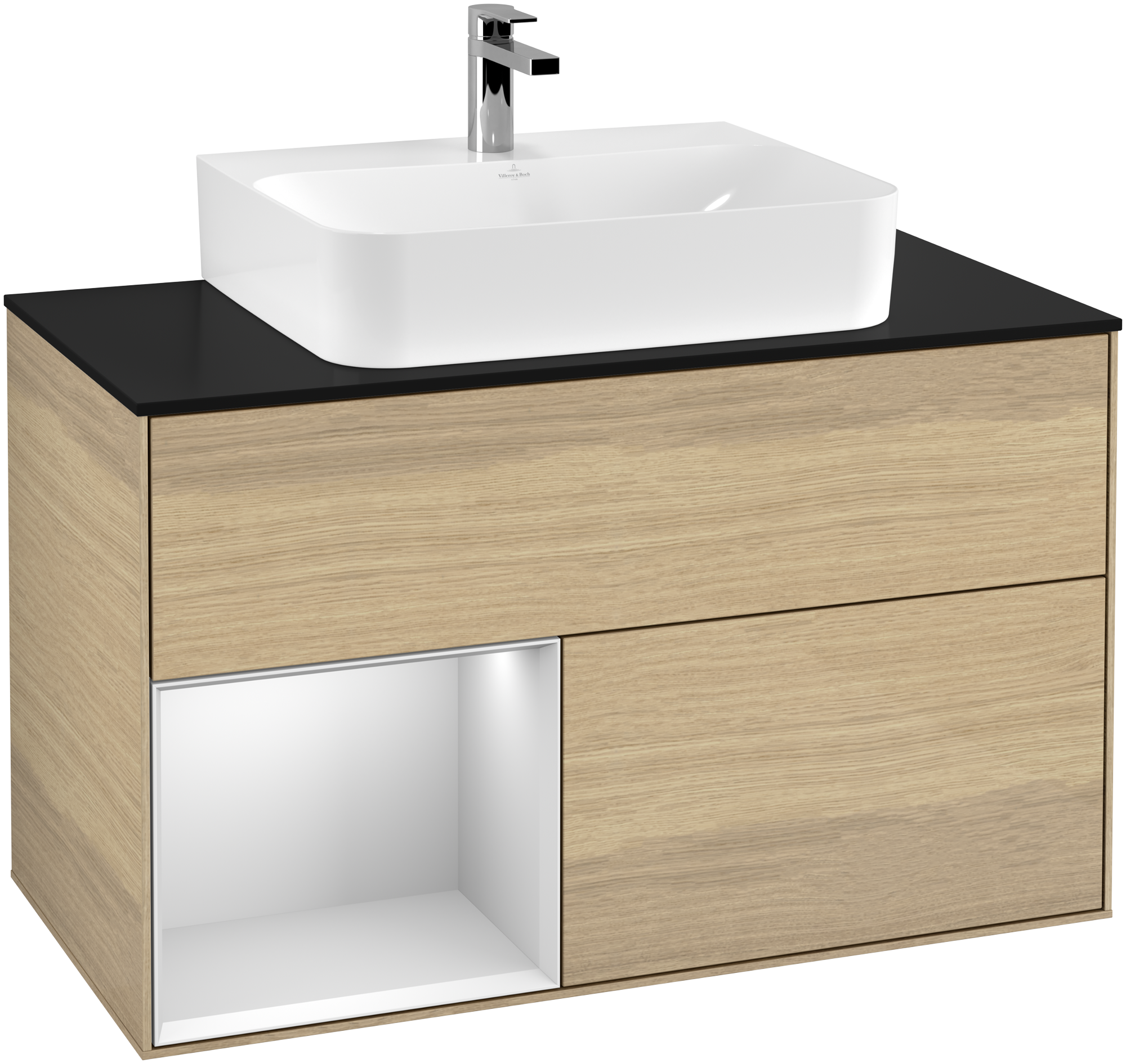 Villeroy & Boch Finion Vanity unit, with lighting, 2 pull-out compartments, 1000x603x501mm, Body: Oak Veneer, Front: Oak Veneer, Shelf: White Matt Lacquer, Cover plate: Glass Black Matt
