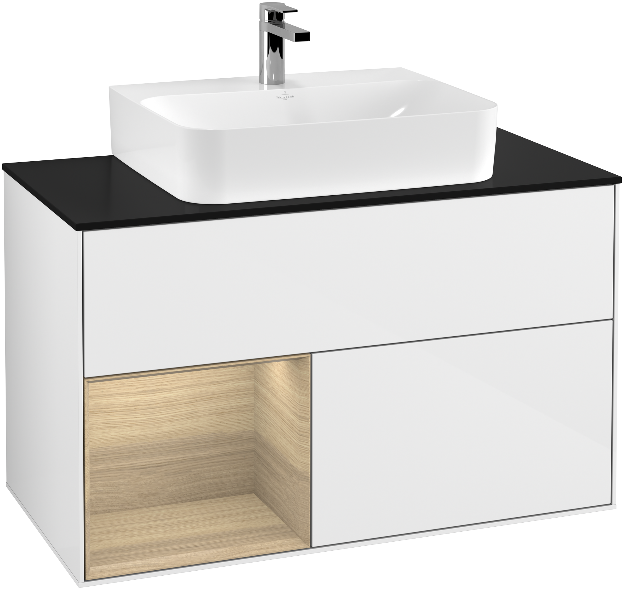 Villeroy & Boch Finion Vanity unit, with lighting, 2 pull-out compartments, 1000x603x501mm, Body: Glossy White Lacquer, Front: Glossy White Lacquer, Shelf: Oak Veneer, Cover plate: Glass Black Matt