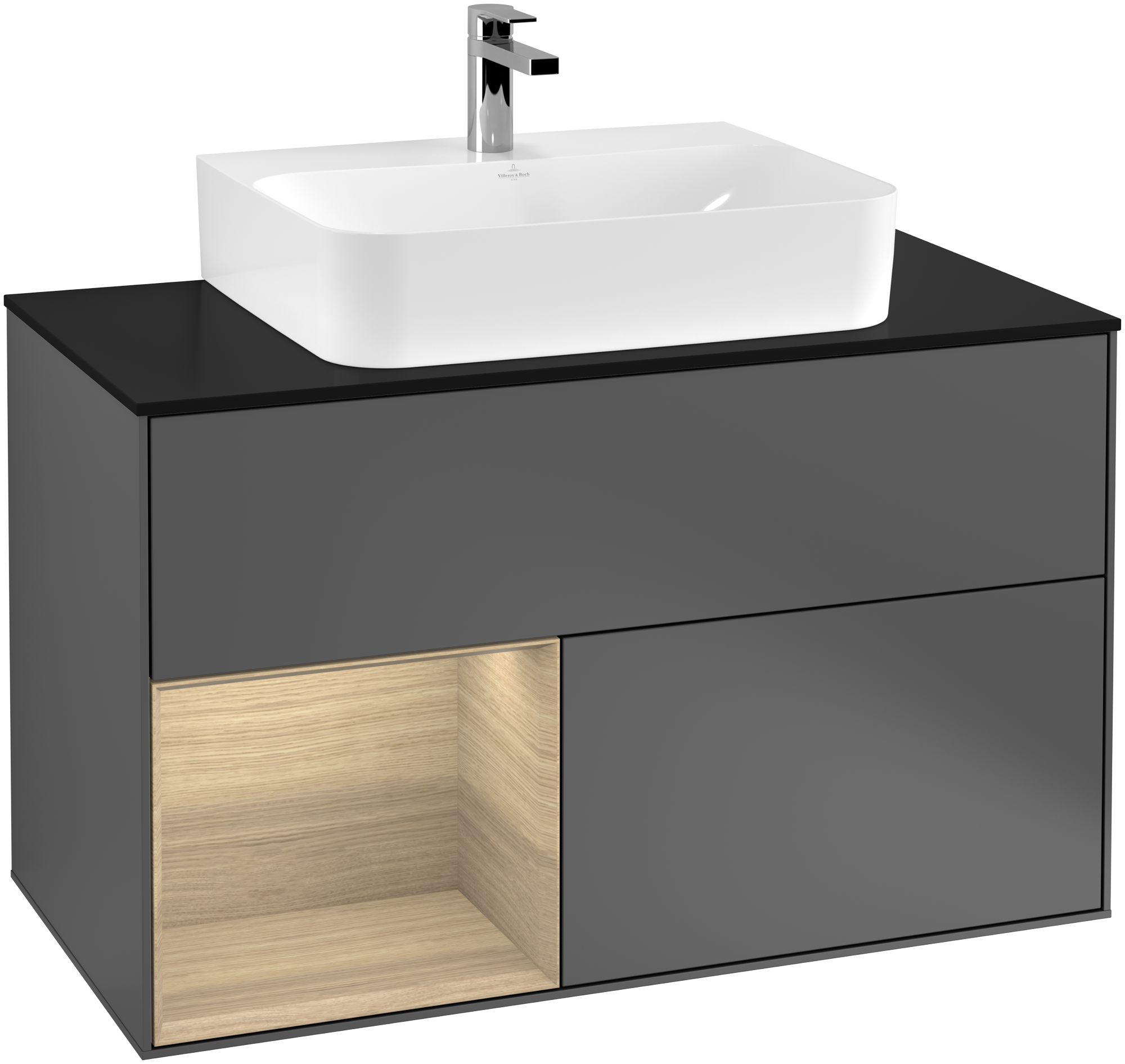 Villeroy & Boch Finion Vanity unit, with lighting, 2 pull-out compartments, 1000x603x501mm, Body: Anthracite Matt Lacquer, Front: Anthracite Matt Lacquer, Shelf: Oak Veneer, Cover plate: Glass Black Matt