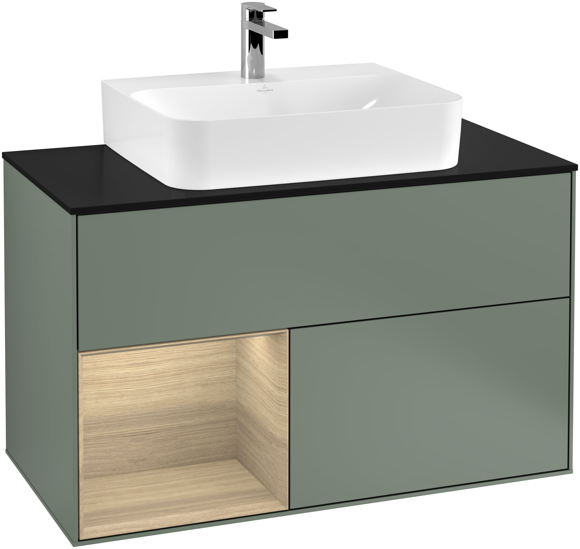 Villeroy & Boch Finion Vanity unit, with lighting, 2 pull-out compartments, 1000x603x501mm, Body: Olive Matt Lacquer, Front: Olive Matt Lacquer, Shelf: Oak Veneer, Cover plate: Glass Black Matt
