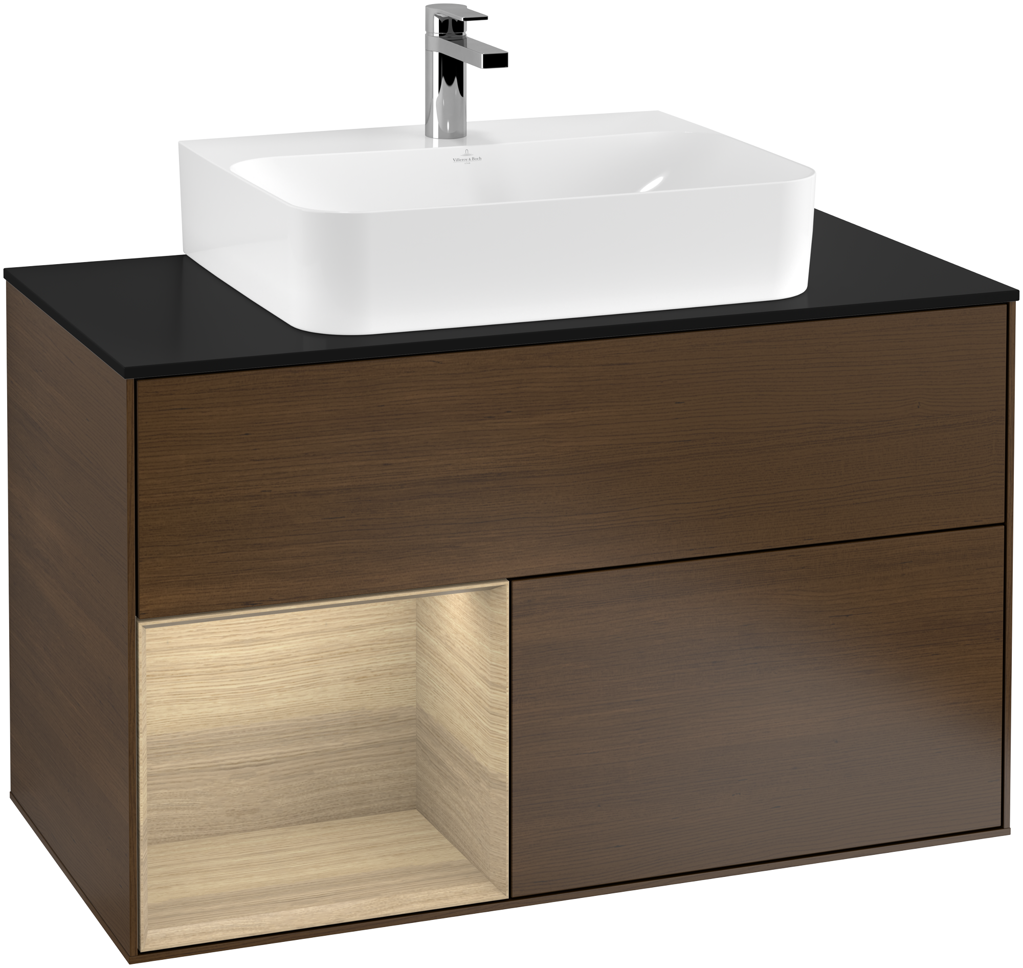 Villeroy & Boch Finion Vanity unit, with lighting, 2 pull-out compartments, 1000x603x501mm, Body: Walnut Veneer, Front: Walnut Veneer, Shelf: Oak Veneer, Cover plate: Glass Black Matt
