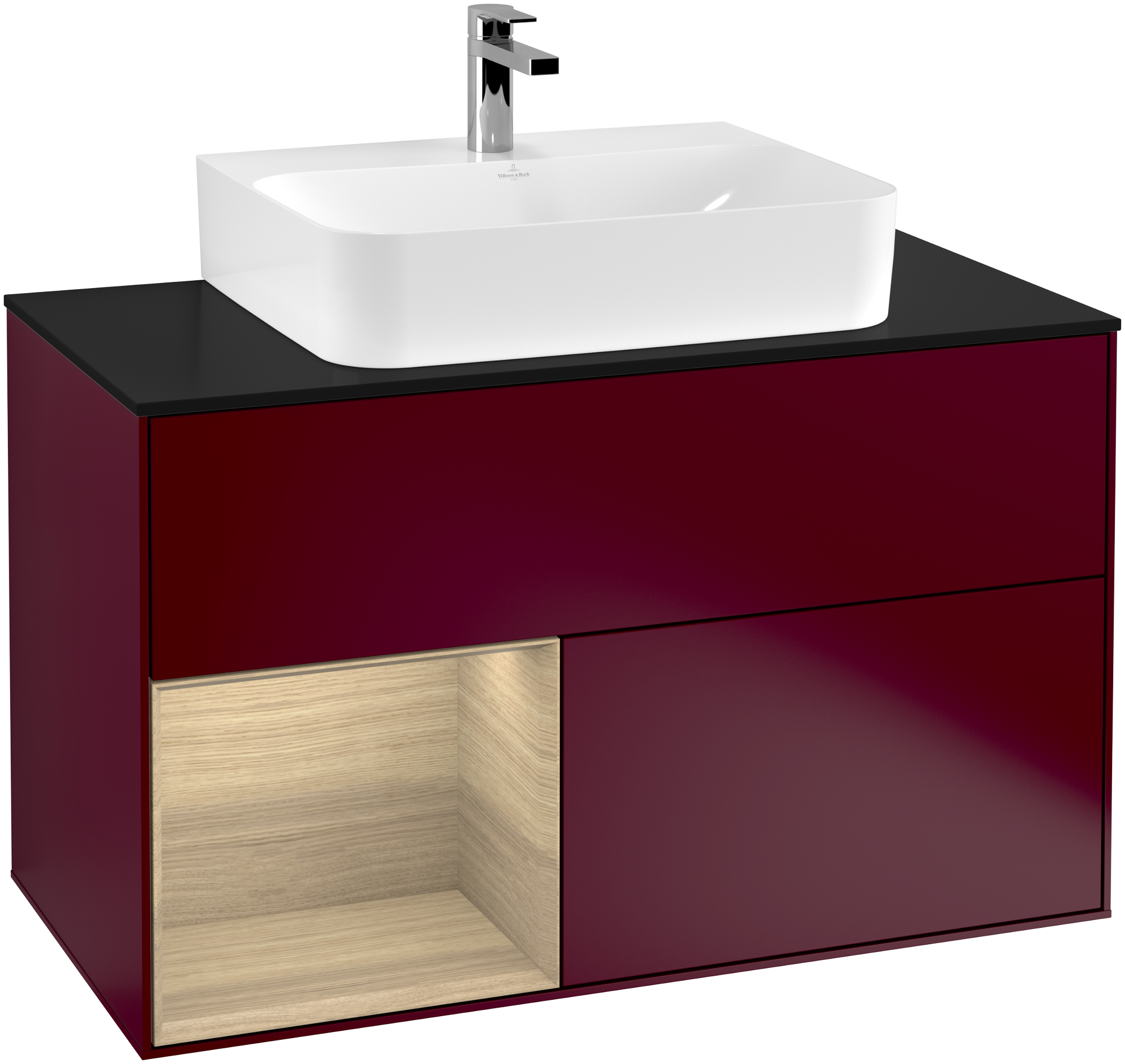 Villeroy & Boch Finion Vanity unit, with lighting, 2 pull-out compartments, 1000x603x501mm, Body: Peony Matt Lacquer, Front: Peony Matt Lacquer, Shelf: Oak Veneer, Cover plate: Glass Black Matt