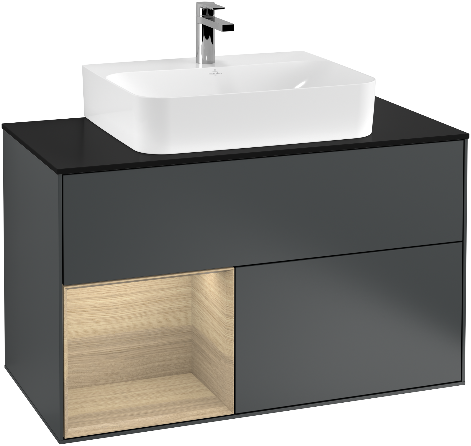Villeroy & Boch Finion Vanity unit, with lighting, 2 pull-out compartments, 1000x603x501mm, Body: Midnight Blue Matt Lacquer, Front: Midnight Blue Matt Lacquer, Shelf: Oak Veneer, Cover plate: Glass Black Matt