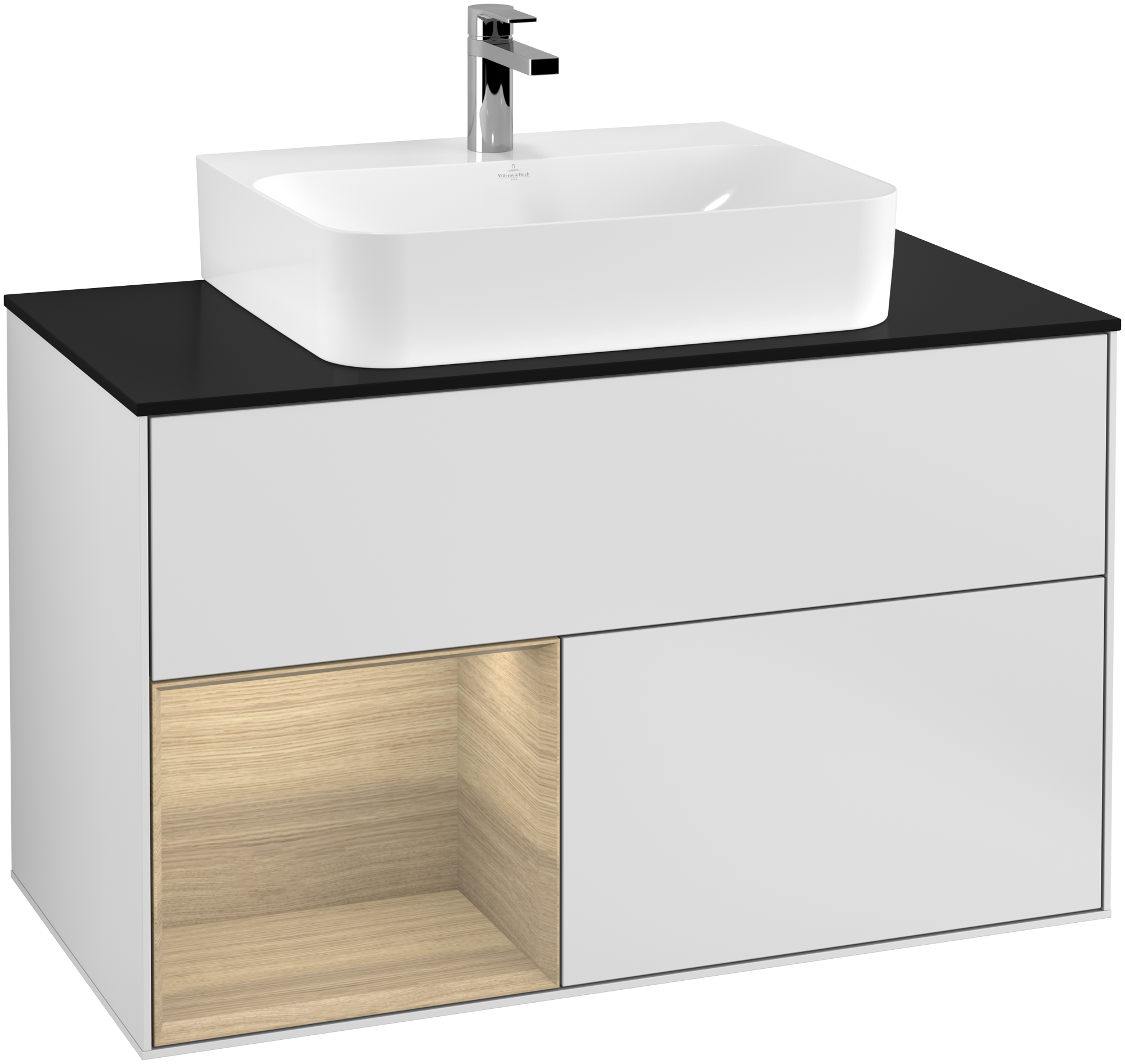 Villeroy & Boch Finion Vanity unit, with lighting, 2 pull-out compartments, 1000x603x501mm, Body: White Matt Lacquer, Front: White Matt Lacquer, Shelf: Oak Veneer, Cover plate: Glass Black Matt