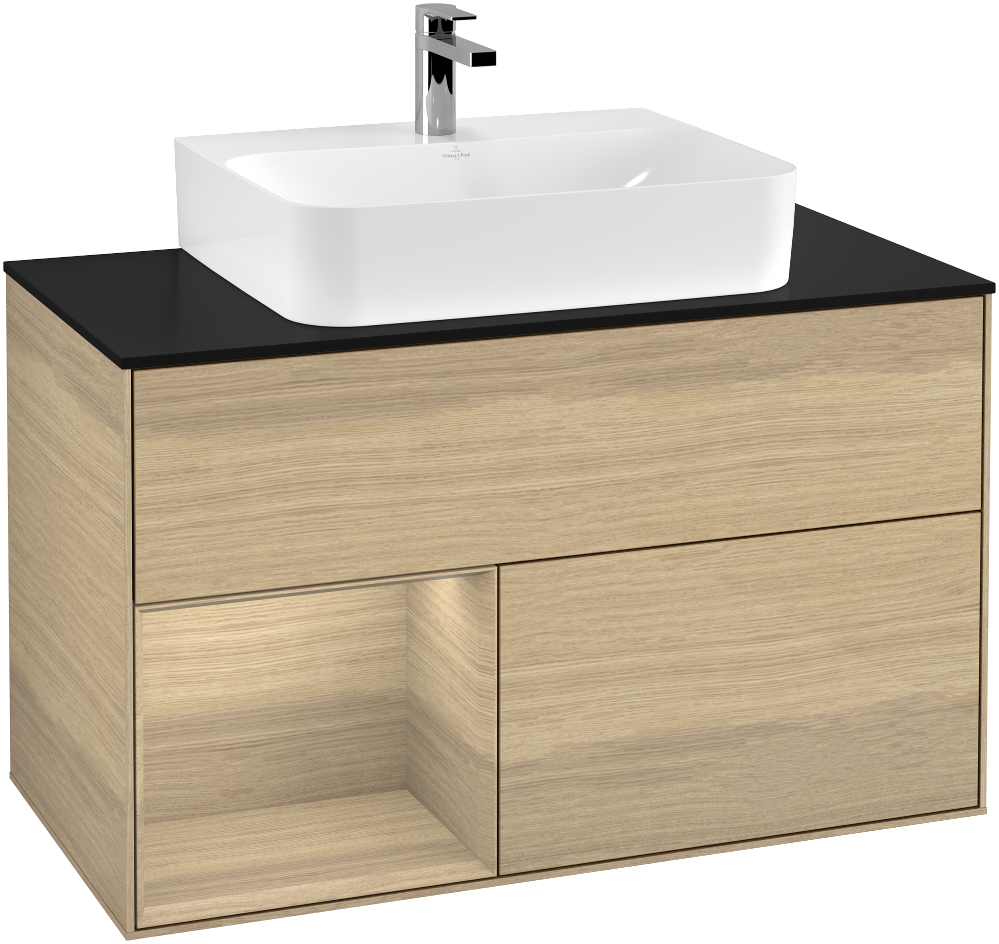 Villeroy & Boch Finion Vanity unit, with lighting, 2 pull-out compartments, 1000x603x501mm, Body: Oak Veneer, Front: Oak Veneer, Shelf: Oak Veneer, Cover plate: Glass Black Matt