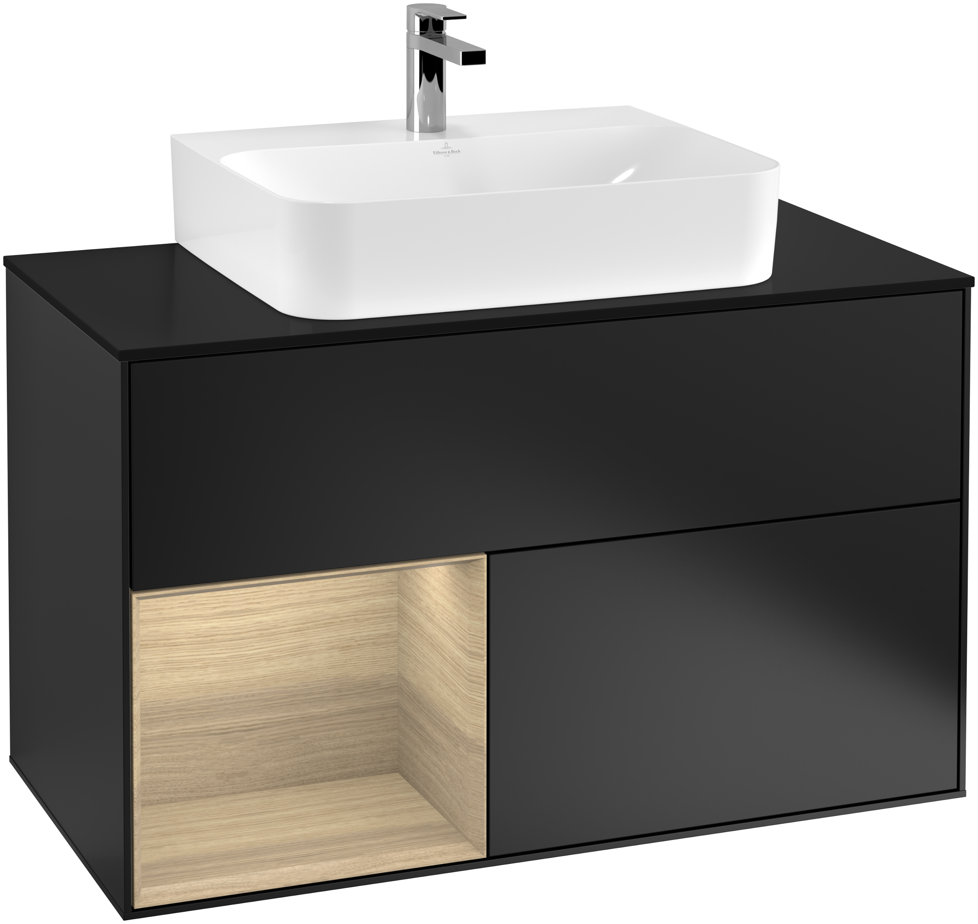 Villeroy & Boch Finion Vanity unit, with lighting, 2 pull-out compartments, 1000x603x501mm, Body: Black Matt Lacquer, Front: Black Matt Lacquer, Shelf: Oak Veneer, Cover plate: Glass Black Matt