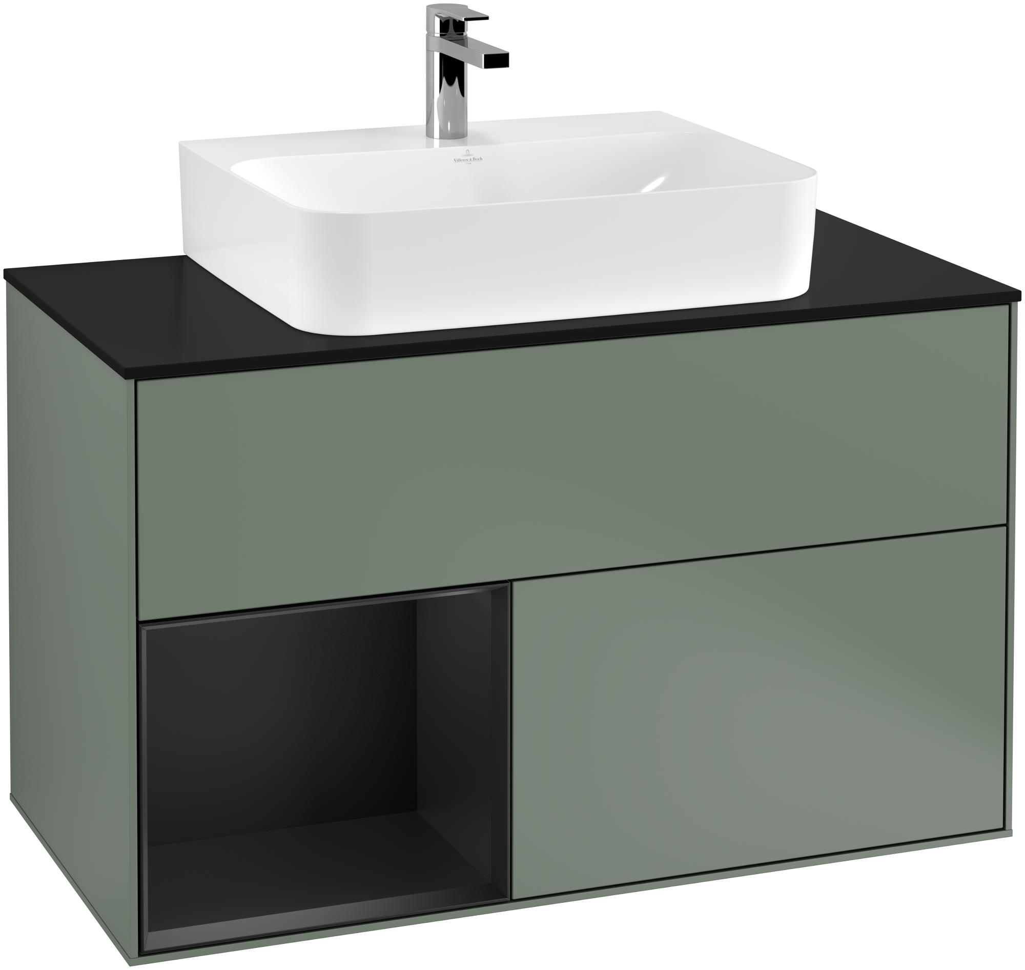 Villeroy & Boch Finion Vanity unit, with lighting, 2 pull-out compartments, 1000x603x501mm, Body: Olive Matt Lacquer, Front: Olive Matt Lacquer, Shelf: Black Matt Lacquer, Cover plate: Glass Black Matt
