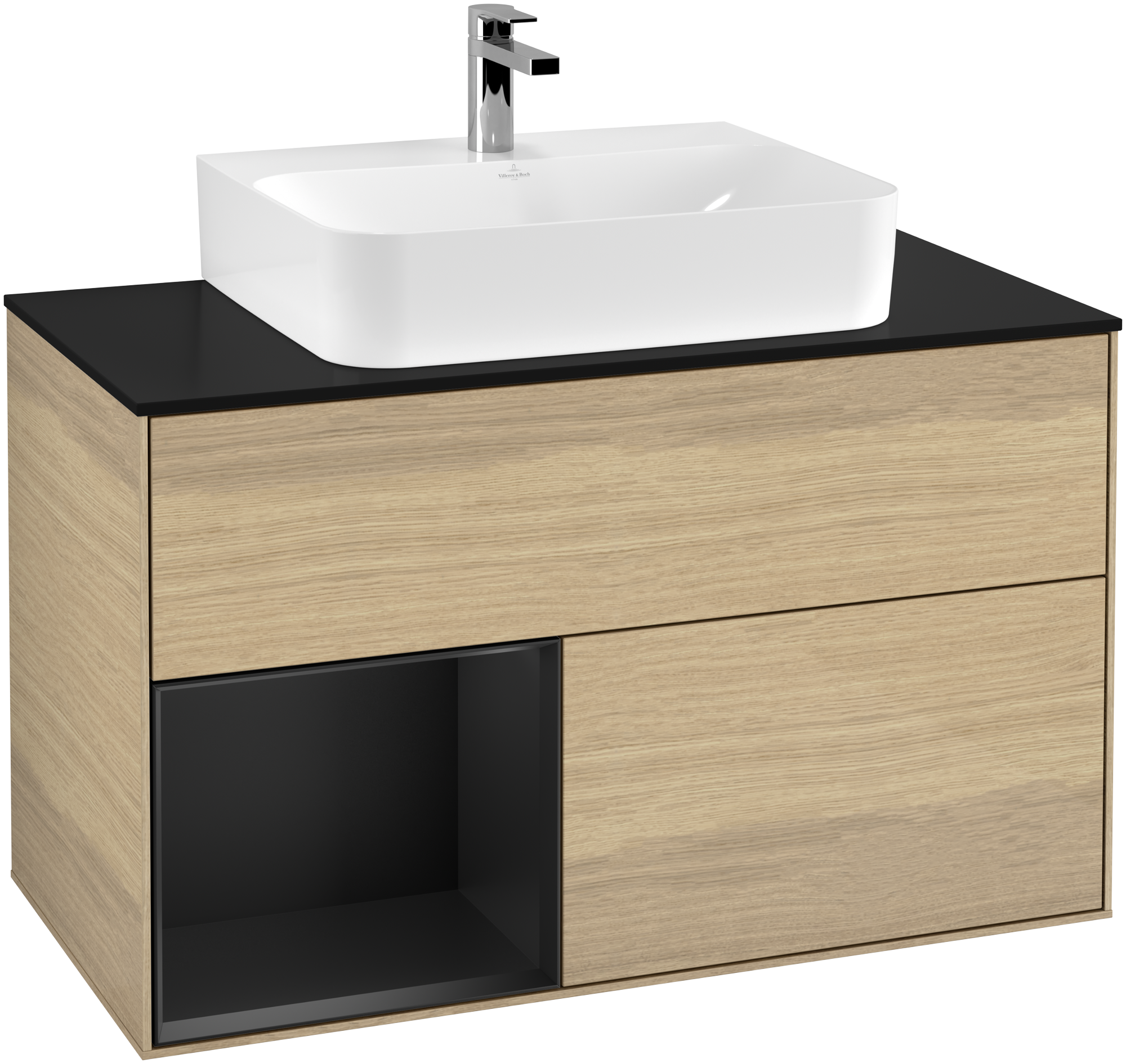 Villeroy & Boch Finion Vanity unit, with lighting, 2 pull-out compartments, 1000x603x501mm, Body: Oak Veneer, Front: Oak Veneer, Shelf: Black Matt Lacquer, Cover plate: Glass Black Matt