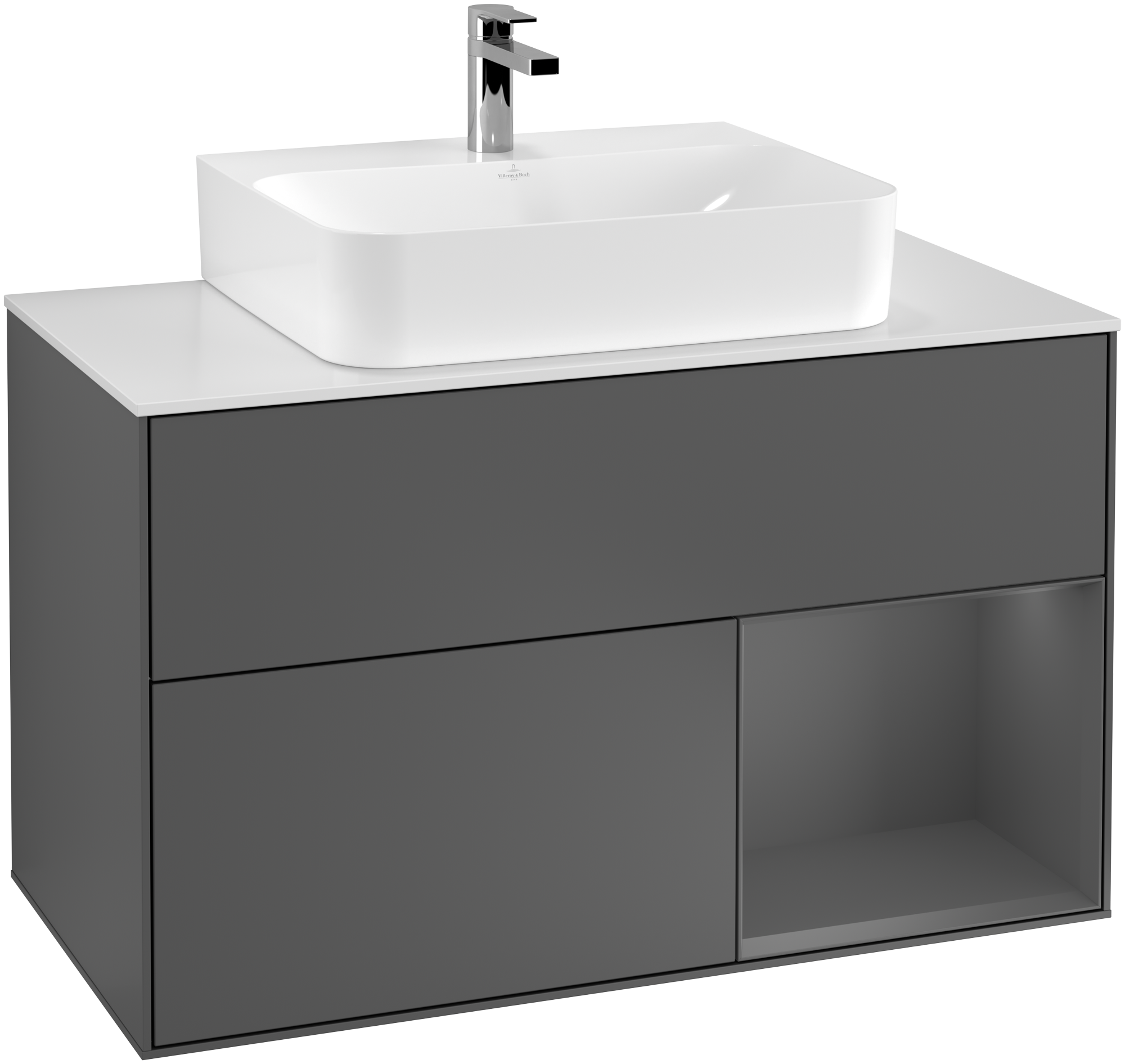 Villeroy & Boch Finion Waschbeckenunterschrank, mit Beleuchtung, 2 Auszüge, 1000x603x501mm, Korpus: Anthracite Matt Lacquer, Front: Anthracite Matt Lacquer, Regalelement: Anthracite Matt Lacquer, Abdeckplatte: Glass White Matt