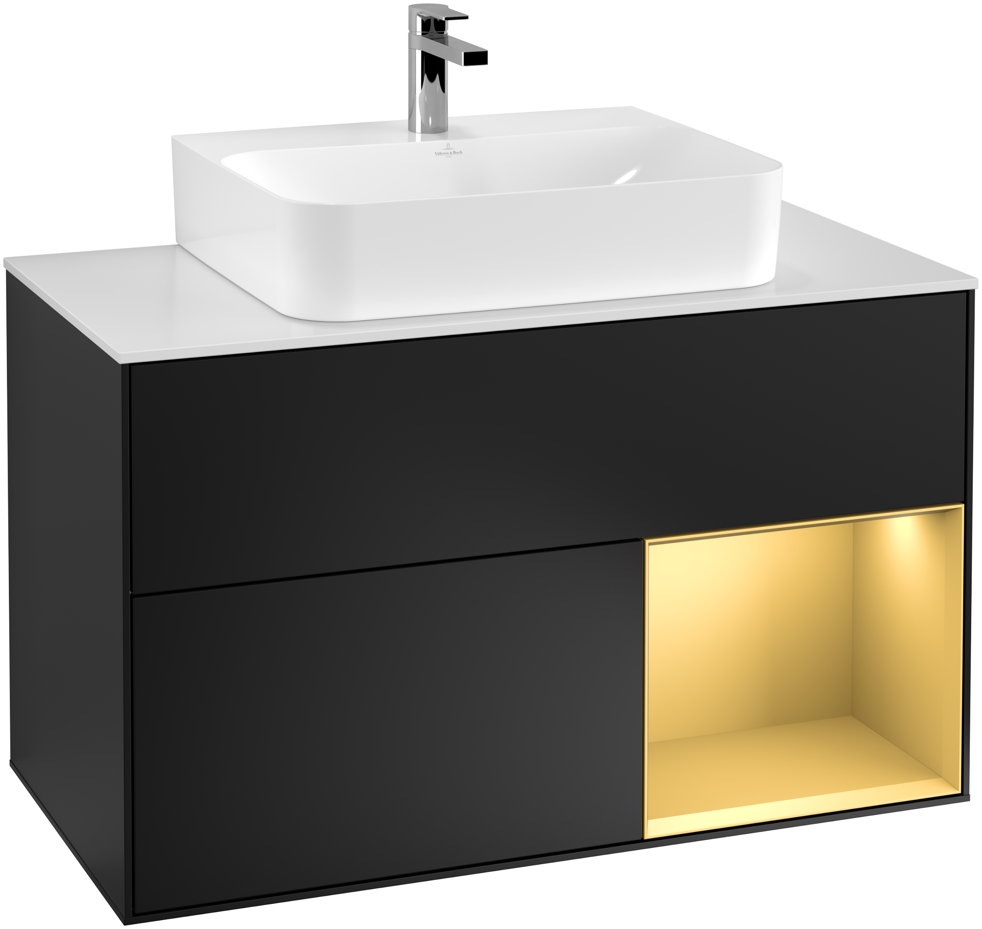 Villeroy & Boch Finion Vanity unit, with lighting, 2 pull-out compartments, 1000x603x501mm, Body: Black Matt Lacquer, Front: Black Matt Lacquer, Shelf: Gold Matt Lacquer, Cover plate: Glass White Matt