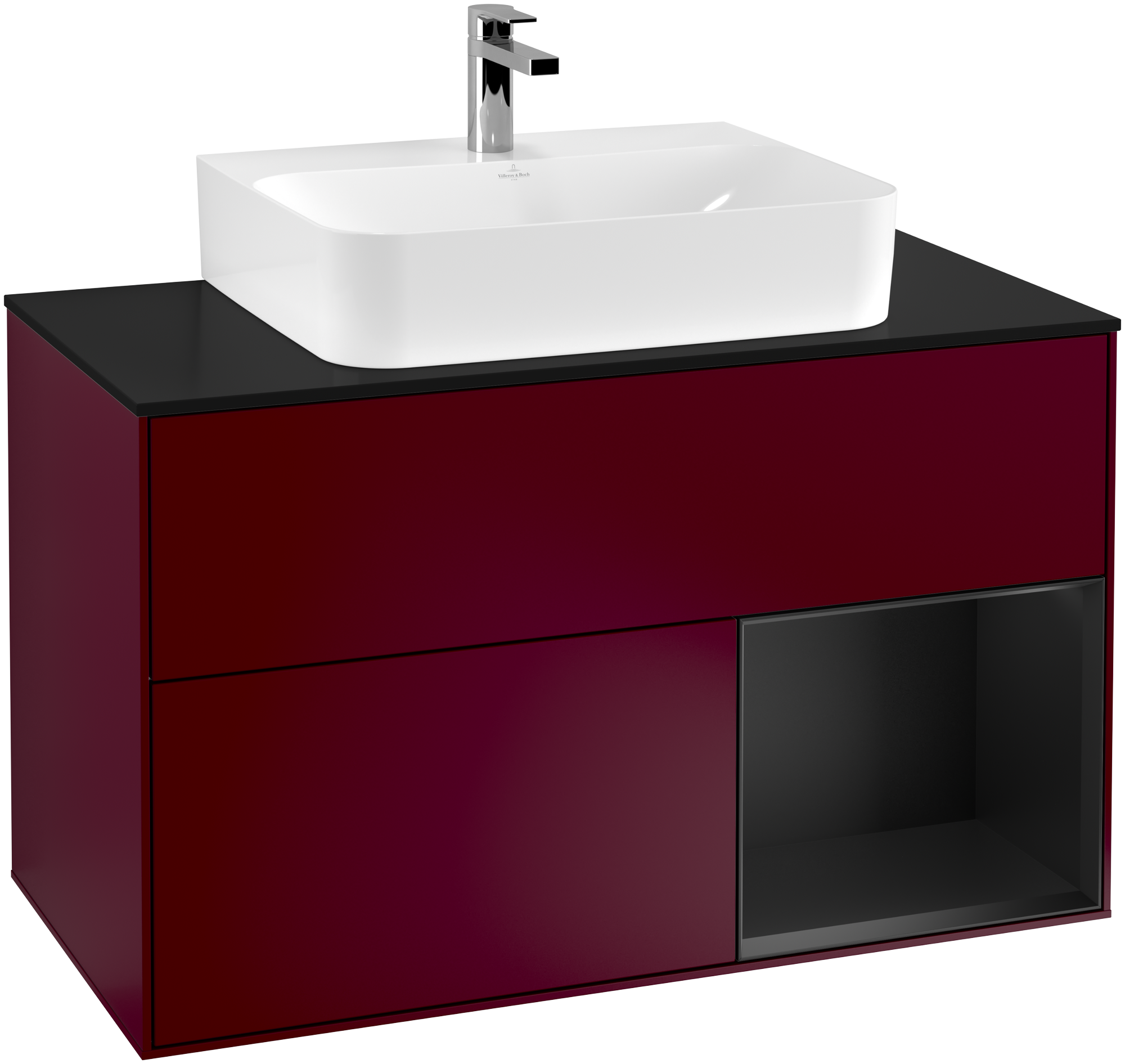 Villeroy & Boch Finion Waschbeckenunterschrank, mit Beleuchtung, 2 Auszüge, 1000x603x501mm, Korpus: Peony Matt Lacquer, Front: Peony Matt Lacquer, Regalelement: Black Matt Lacquer, Abdeckplatte: Glass Black Matt