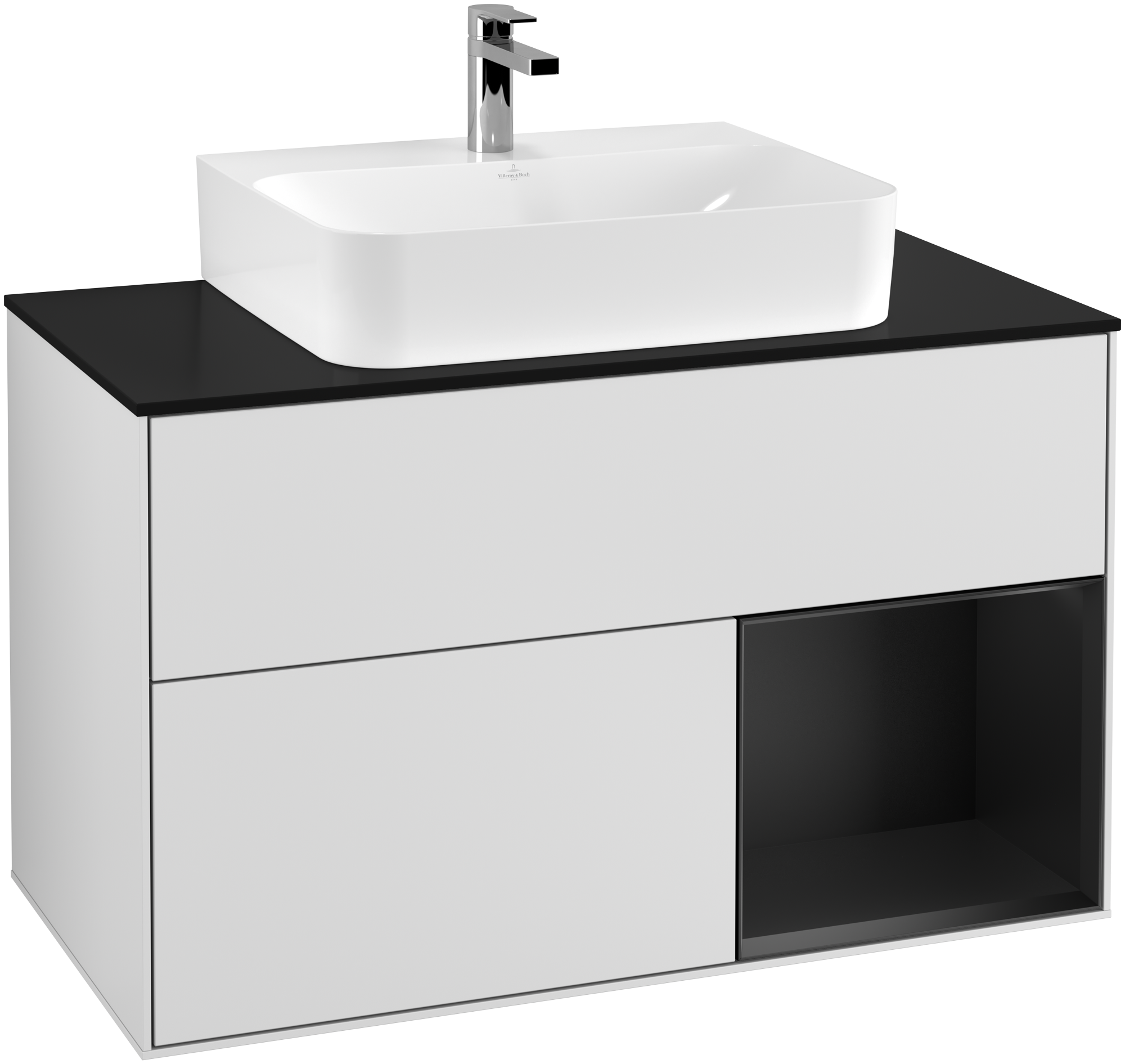 Villeroy & Boch Finion Waschbeckenunterschrank, mit Beleuchtung, 2 Auszüge, 1000x603x501mm, Korpus: White Matt Lacquer, Front: White Matt Lacquer, Regalelement: Black Matt Lacquer, Abdeckplatte: Glass Black Matt