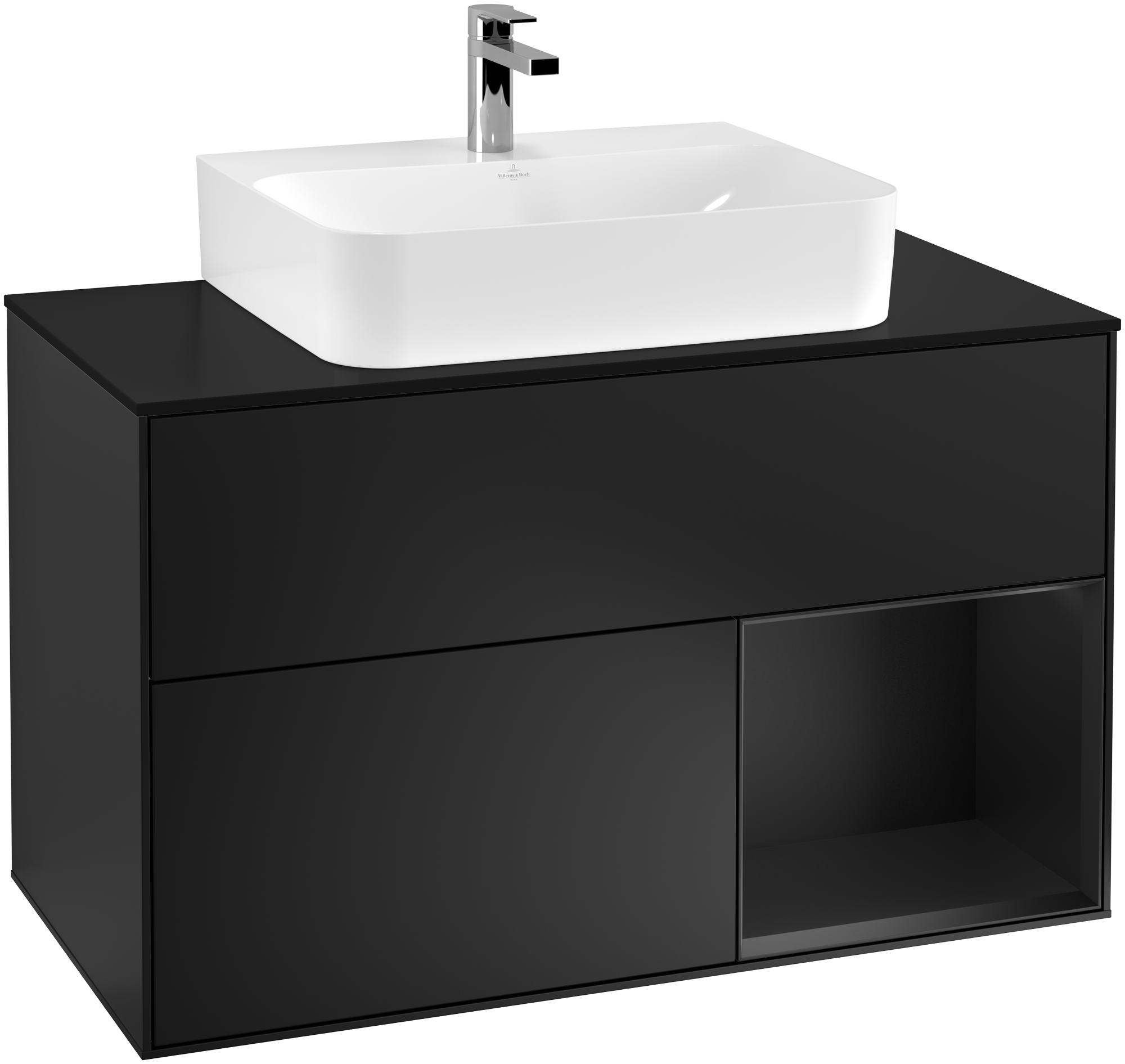 Villeroy & Boch Finion Waschbeckenunterschrank, mit Beleuchtung, 2 Auszüge, 1000x603x501mm, Korpus: Black Matt Lacquer, Front: Black Matt Lacquer, Regalelement: Black Matt Lacquer, Abdeckplatte: Glass Black Matt