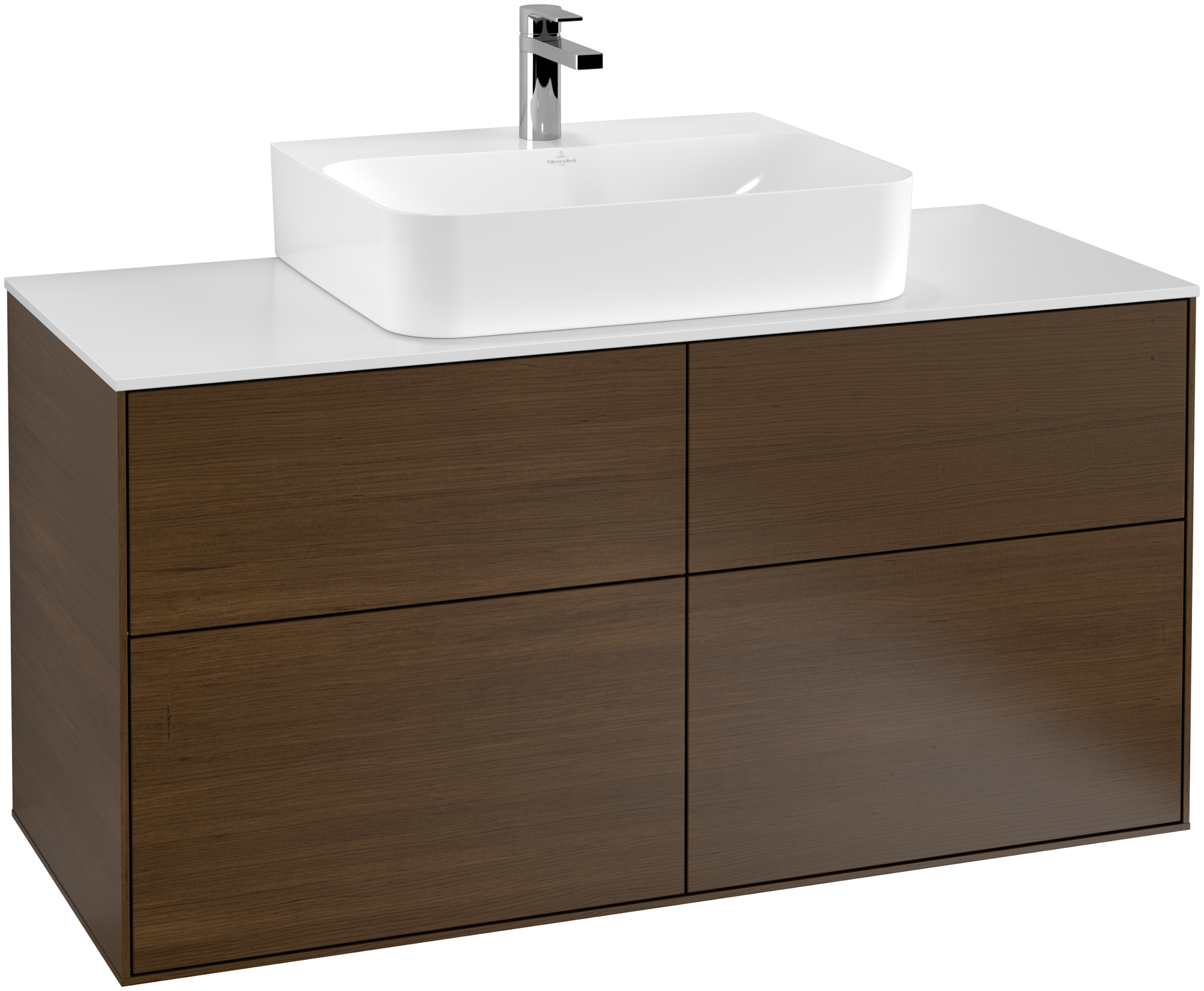 Villeroy & Boch Finion Waschbeckenunterschrank, mit Beleuchtung, 4 Auszüge, 1200x603x501mm, Korpus: Walnut Veneer, Front: Walnut Veneer, Abdeckplatte: Glass White Matt
