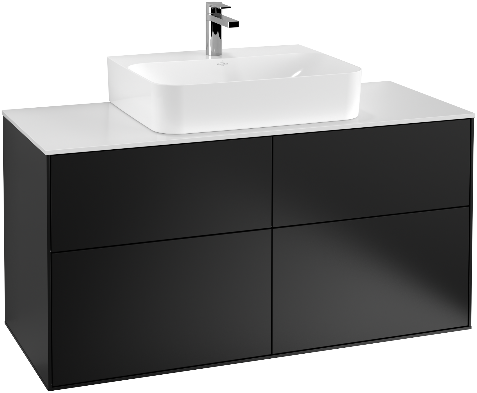 Villeroy & Boch Finion Waschbeckenunterschrank, mit Beleuchtung, 4 Auszüge, 1200x603x501mm, Korpus: Black Matt Lacquer, Front: Black Matt Lacquer, Abdeckplatte: Glass White Matt