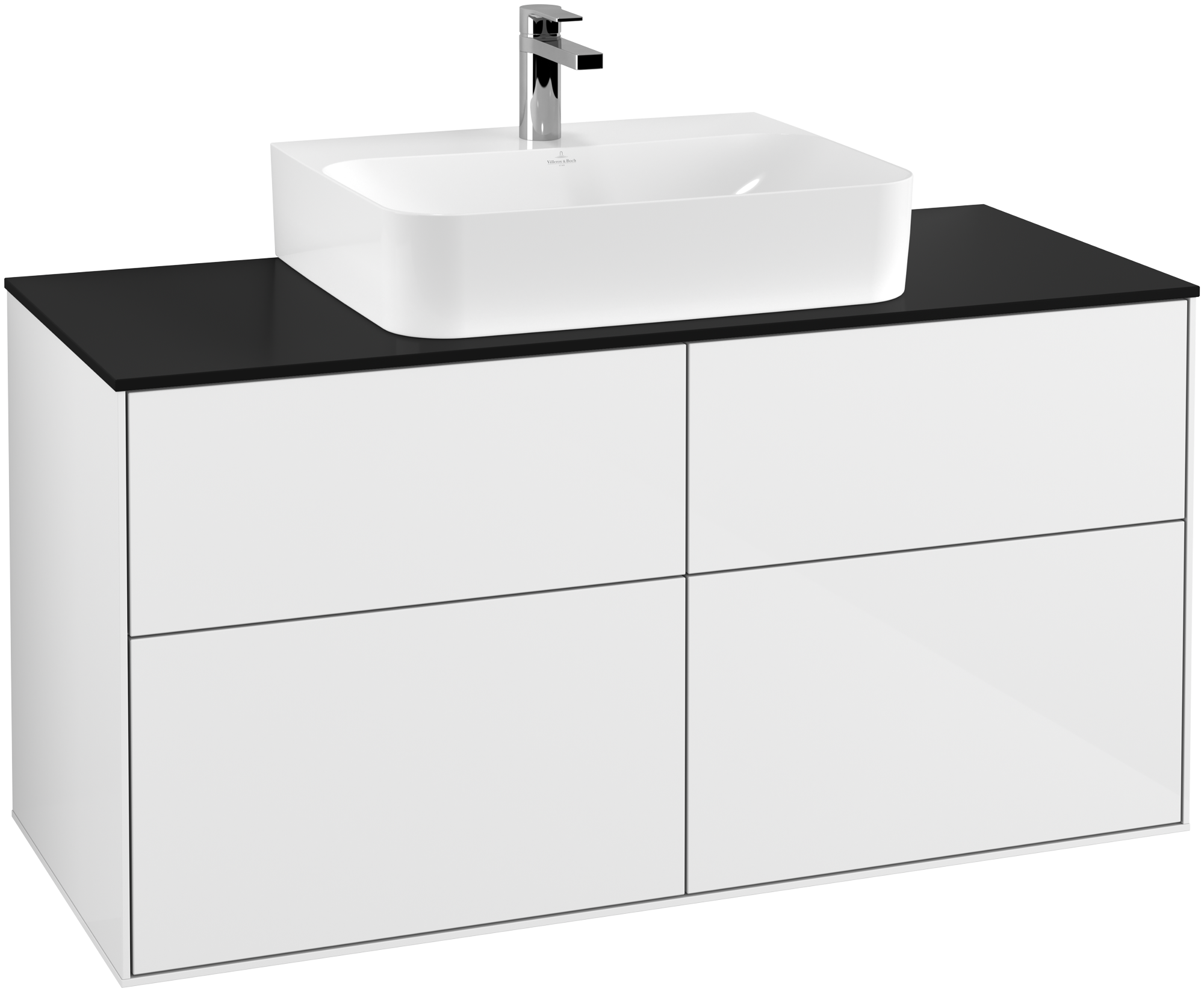 Villeroy & Boch Finion Waschbeckenunterschrank, mit Beleuchtung, 4 Auszüge, 1200x603x501mm, Korpus: Glossy White Lacquer, Front: Glossy White Lacquer, Abdeckplatte: Glass Black Matt