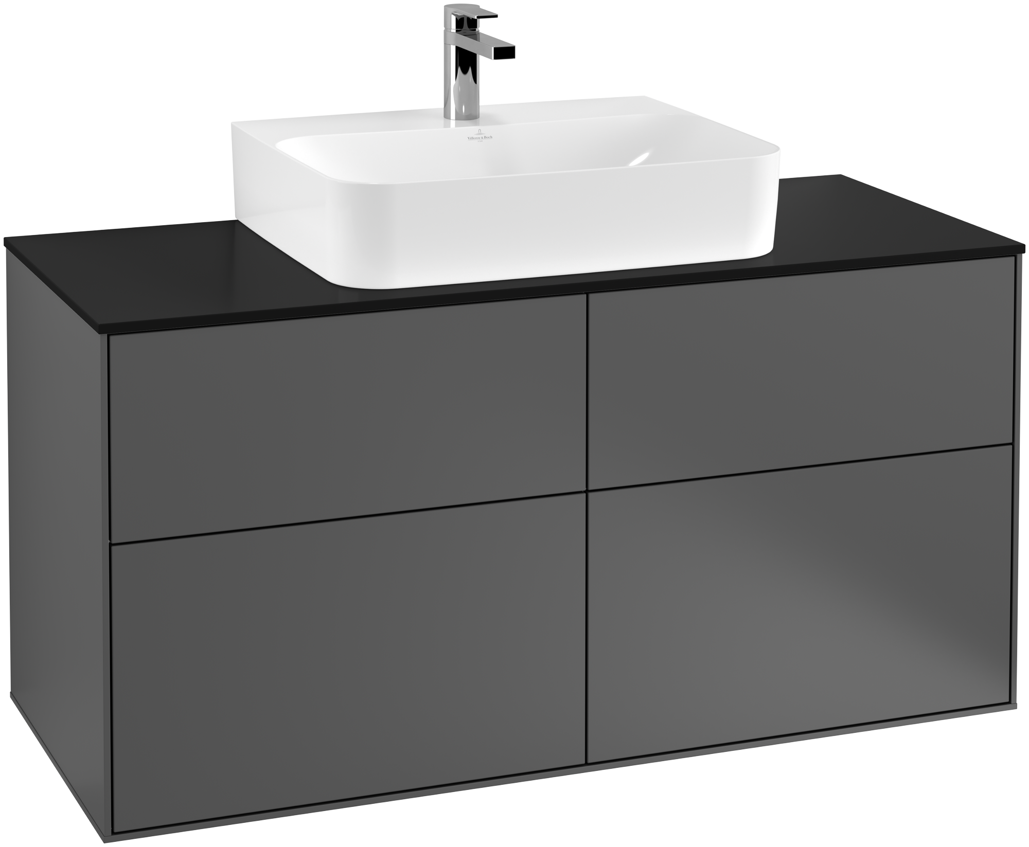 Villeroy & Boch Finion Waschbeckenunterschrank, mit Beleuchtung, 4 Auszüge, 1200x603x501mm, Korpus: Anthracite Matt Lacquer, Front: Anthracite Matt Lacquer, Abdeckplatte: Glass Black Matt