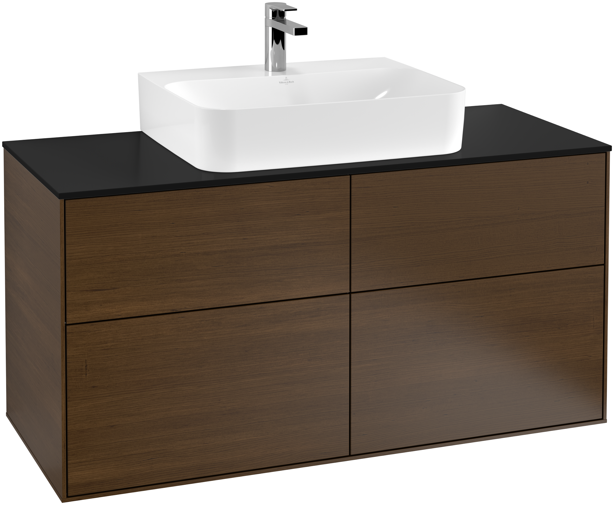 Villeroy & Boch Finion Waschbeckenunterschrank, mit Beleuchtung, 4 Auszüge, 1200x603x501mm, Korpus: Walnut Veneer, Front: Walnut Veneer, Abdeckplatte: Glass Black Matt