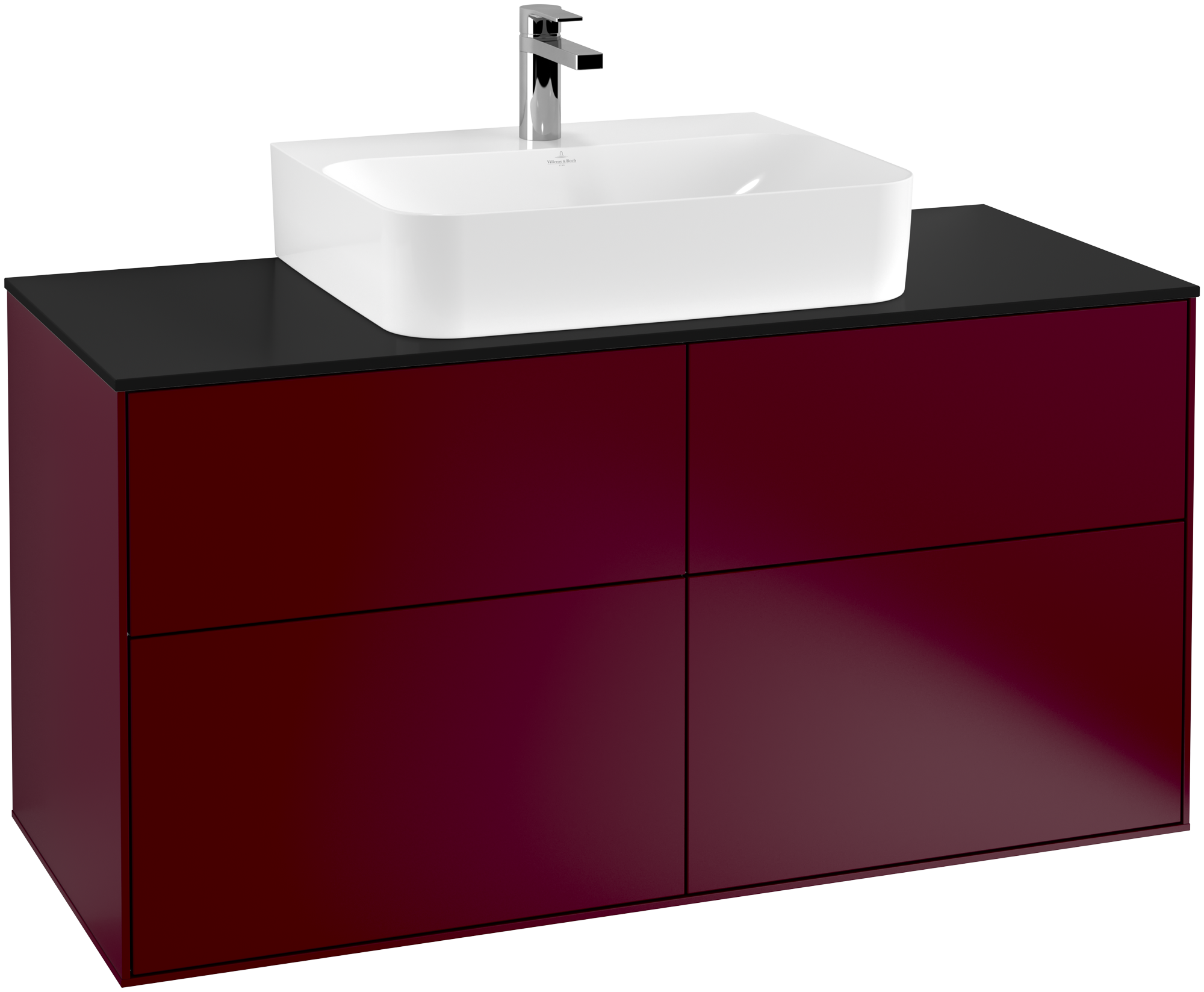Villeroy & Boch Finion Waschbeckenunterschrank, mit Beleuchtung, 4 Auszüge, 1200x603x501mm, Korpus: Peony Matt Lacquer, Front: Peony Matt Lacquer, Abdeckplatte: Glass Black Matt