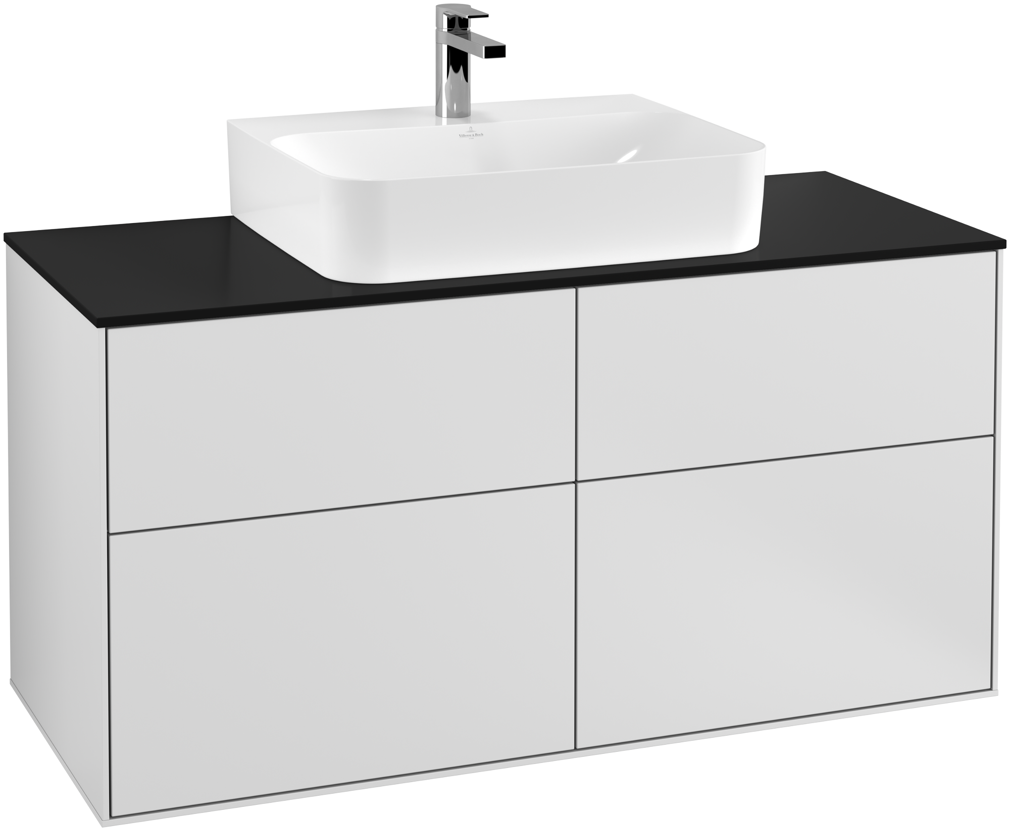 Villeroy & Boch Finion Waschbeckenunterschrank, mit Beleuchtung, 4 Auszüge, 1200x603x501mm, Korpus: White Matt Lacquer, Front: White Matt Lacquer, Abdeckplatte: Glass Black Matt