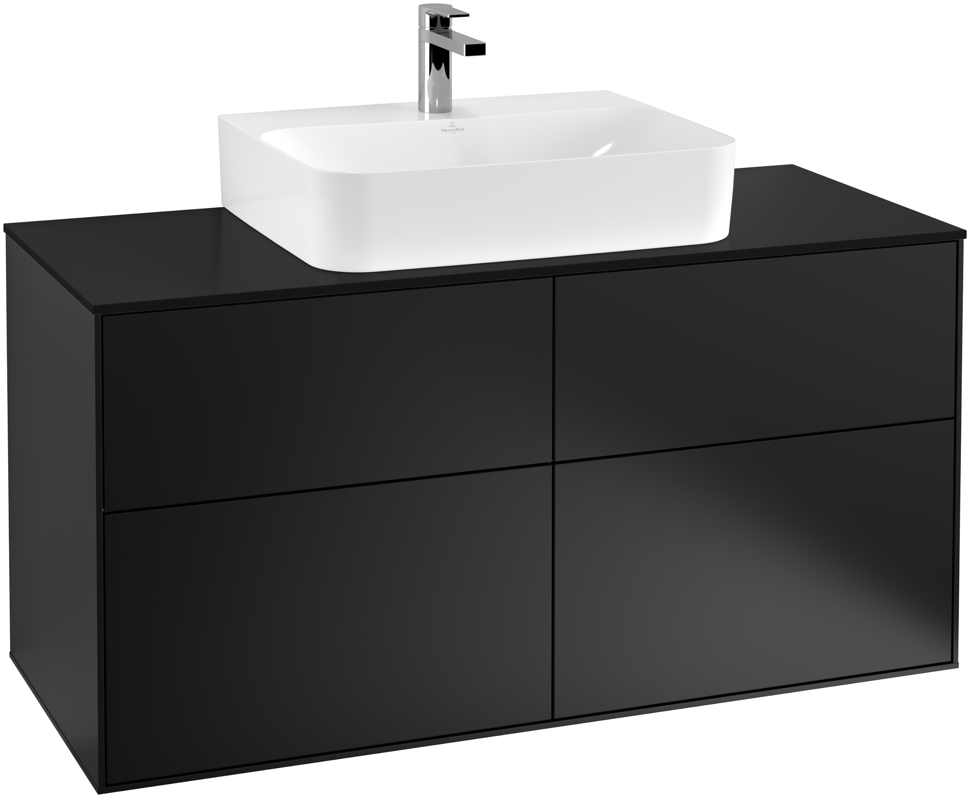 Villeroy & Boch Finion Waschbeckenunterschrank, mit Beleuchtung, 4 Auszüge, 1200x603x501mm, Korpus: Black Matt Lacquer, Front: Black Matt Lacquer, Abdeckplatte: Glass Black Matt