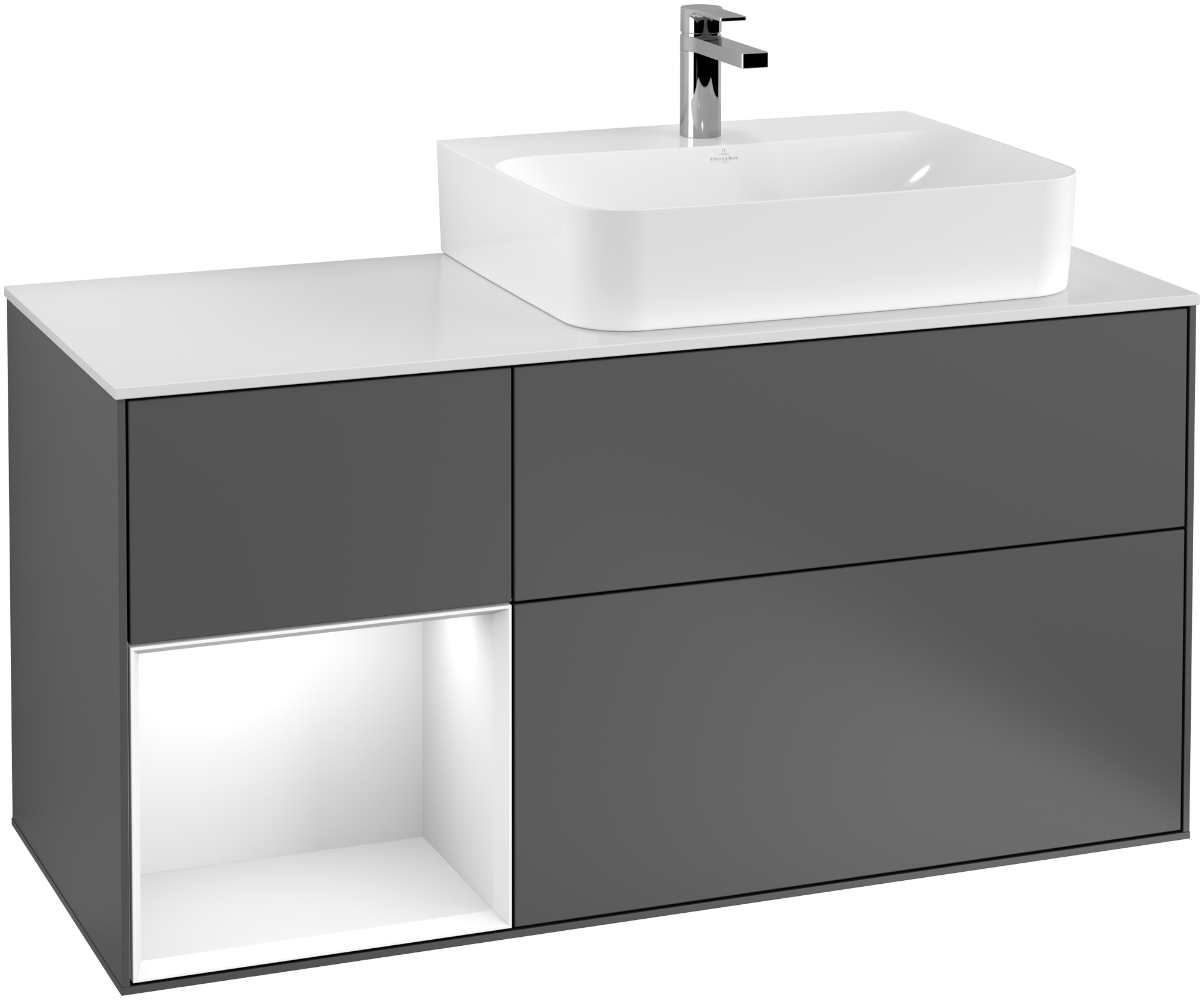 Villeroy & Boch Finion Waschbeckenunterschrank, mit Beleuchtung, 3 Auszüge, 1200x603x501mm, Korpus: Anthracite Matt Lacquer, Front: Anthracite Matt Lacquer, Regalelement: Glossy White Lacquer, Abdeckplatte: Glass White Matt