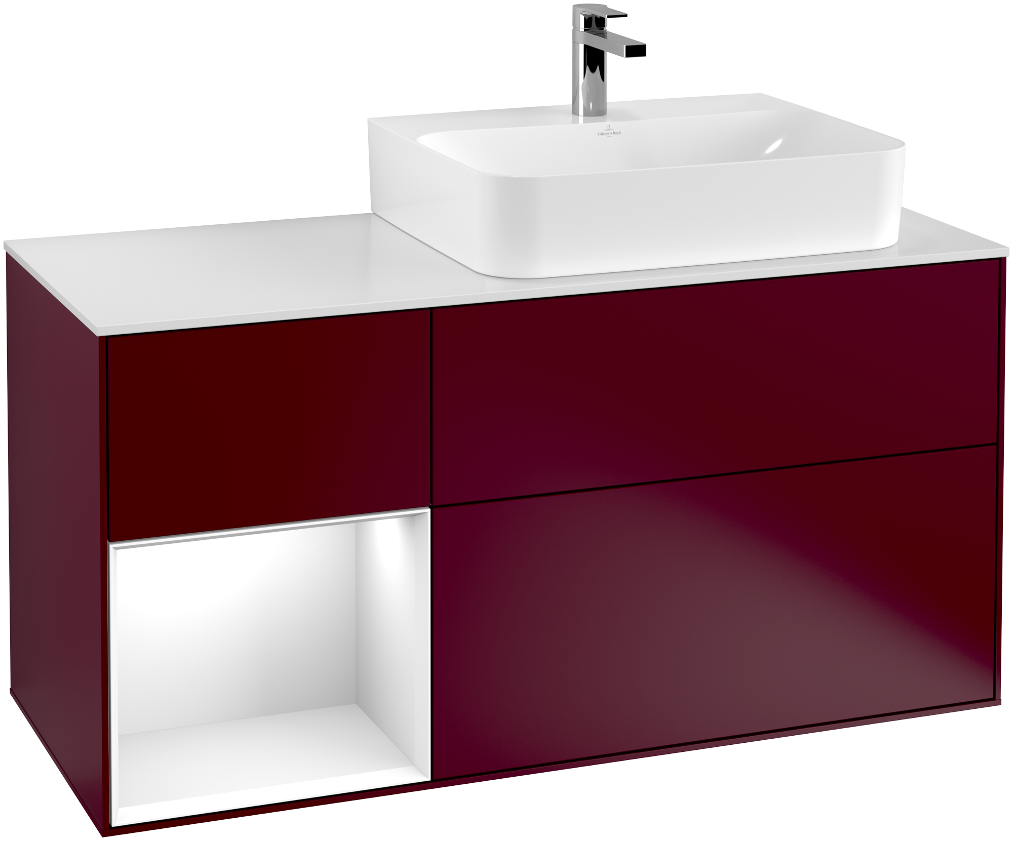 Villeroy & Boch Finion Waschbeckenunterschrank, mit Beleuchtung, 3 Auszüge, 1200x603x501mm, Korpus: Peony Matt Lacquer, Front: Peony Matt Lacquer, Regalelement: Glossy White Lacquer, Abdeckplatte: Glass White Matt