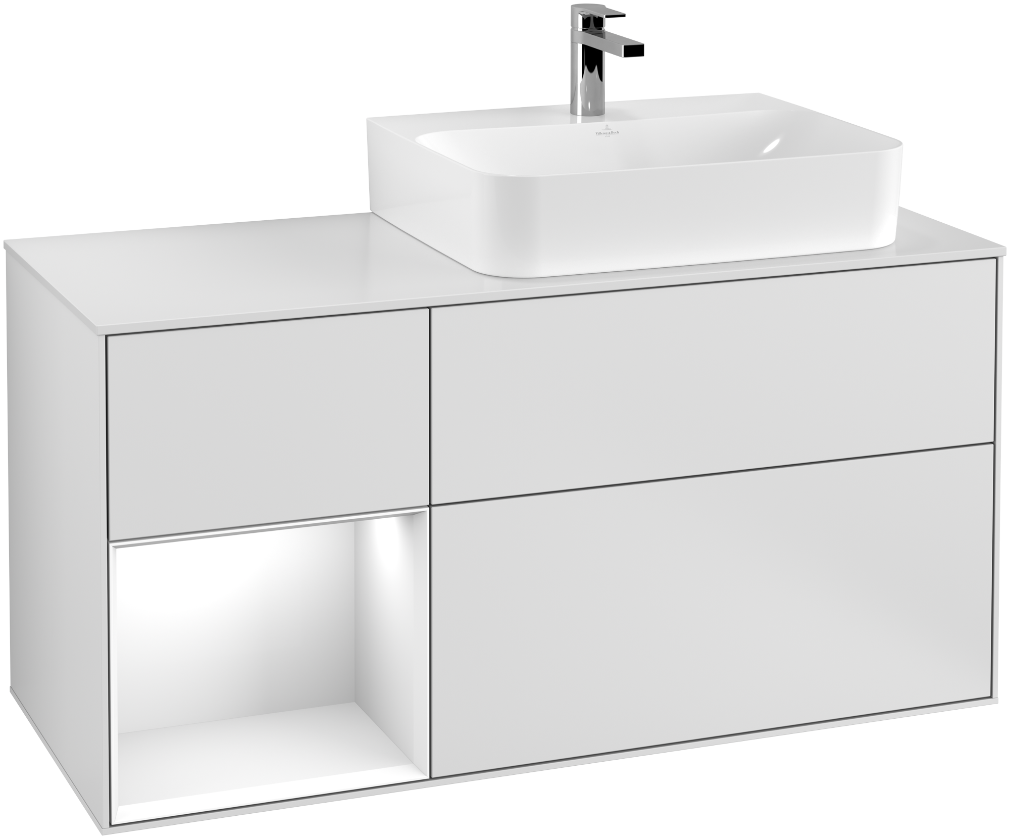 Villeroy & Boch Finion Waschbeckenunterschrank, mit Beleuchtung, 3 Auszüge, 1200x603x501mm, Korpus: White Matt Lacquer, Front: White Matt Lacquer, Regalelement: Glossy White Lacquer, Abdeckplatte: Glass White Matt