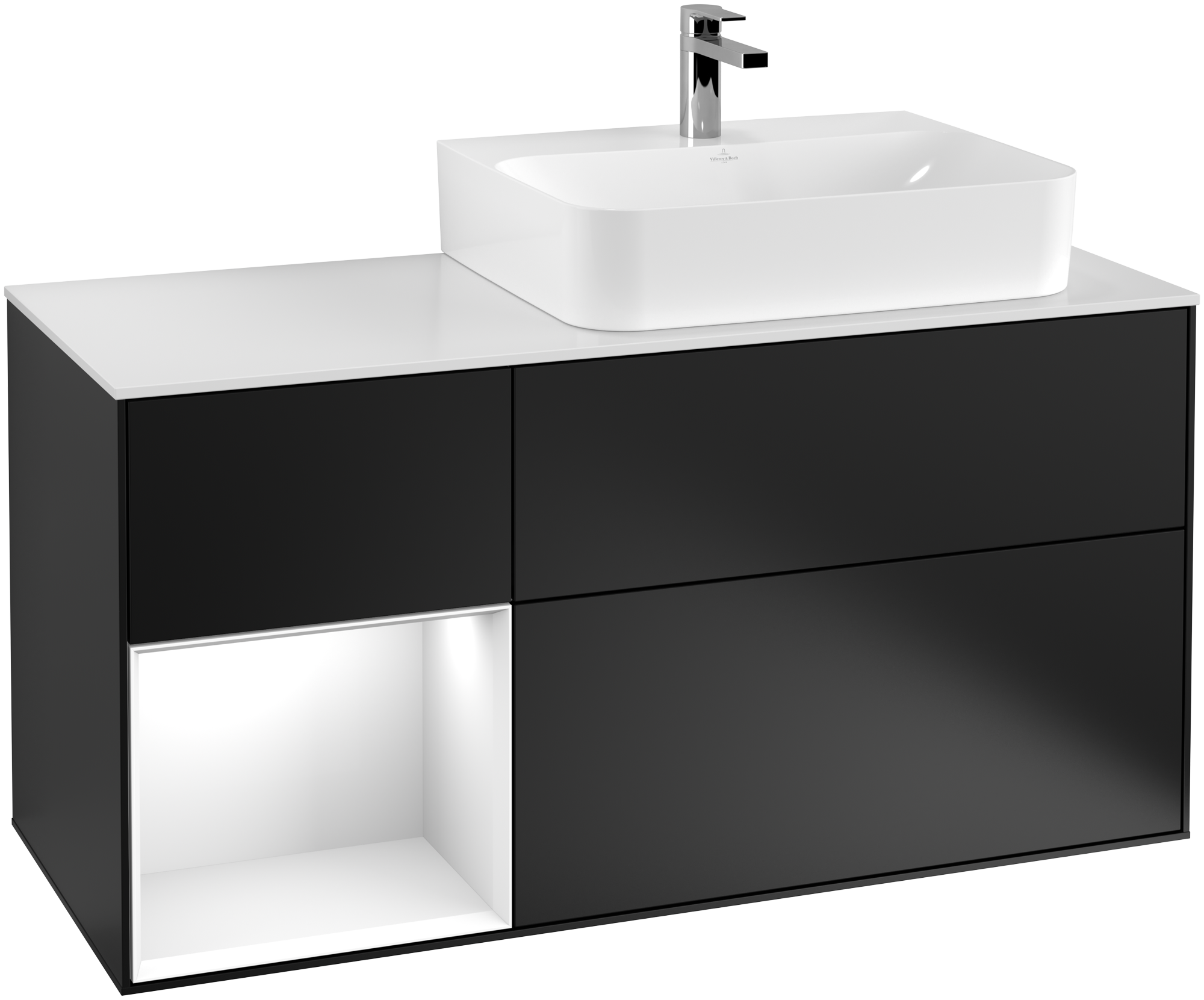 Villeroy & Boch Finion Waschbeckenunterschrank, mit Beleuchtung, 3 Auszüge, 1200x603x501mm, Korpus: Black Matt Lacquer, Front: Black Matt Lacquer, Regalelement: Glossy White Lacquer, Abdeckplatte: Glass White Matt