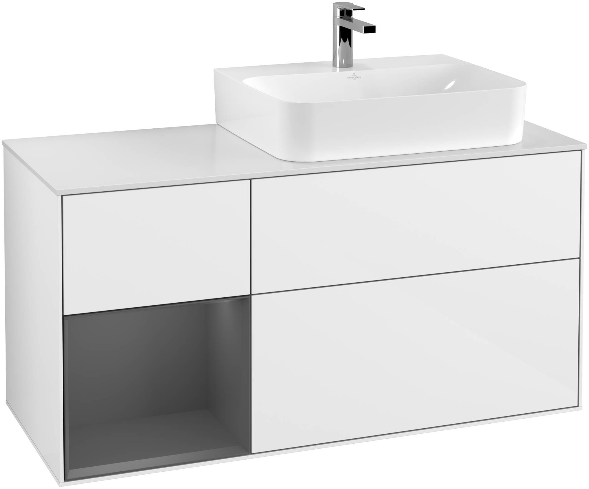 Villeroy & Boch Finion Waschbeckenunterschrank, mit Beleuchtung, 3 Auszüge, 1200x603x501mm, Korpus: Glossy White Lacquer, Front: Glossy White Lacquer, Regalelement: Anthracite Matt Lacquer, Abdeckplatte: Glass White Matt