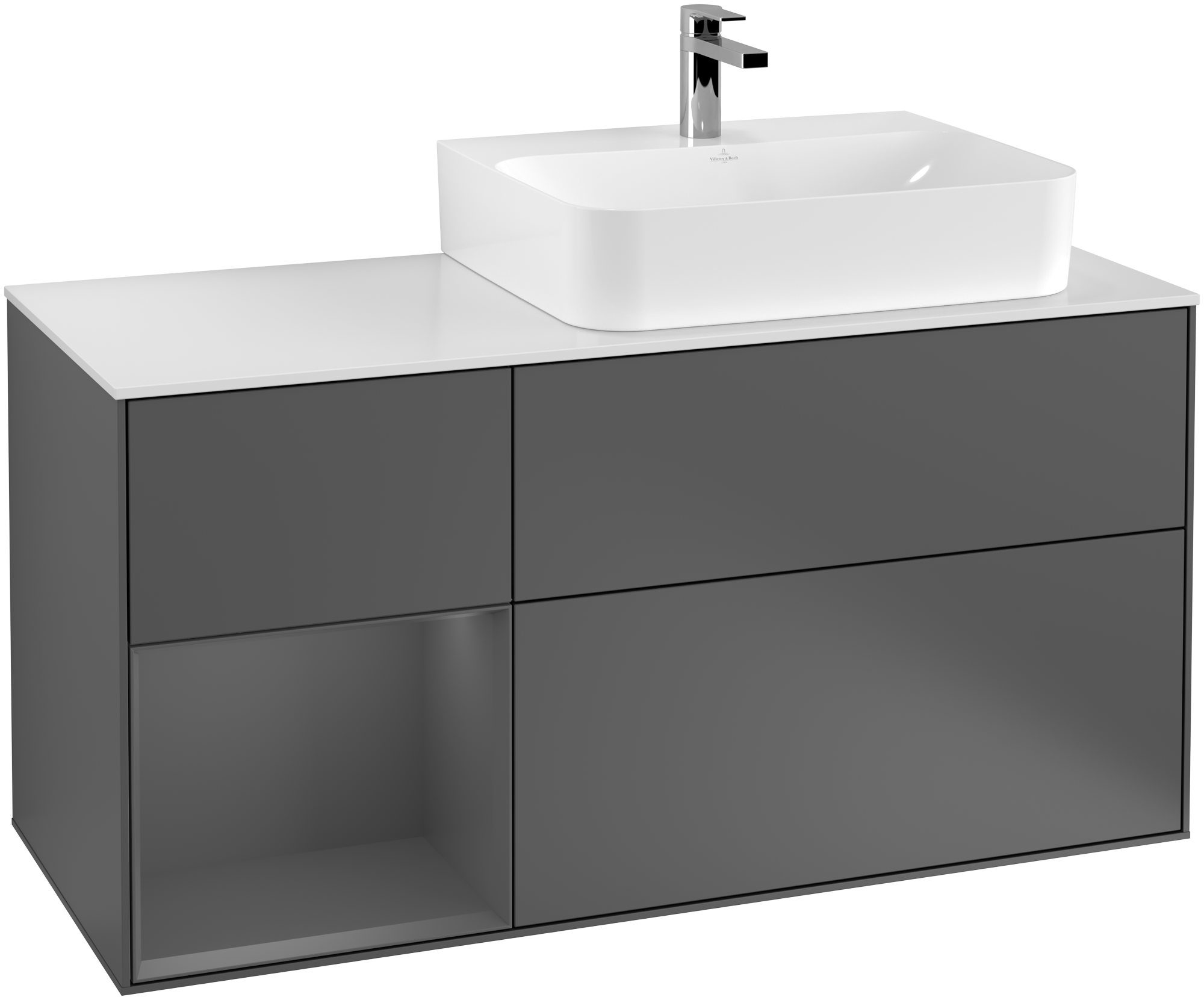 Villeroy & Boch Finion Waschbeckenunterschrank, mit Beleuchtung, 3 Auszüge, 1200x603x501mm, Korpus: Anthracite Matt Lacquer, Front: Anthracite Matt Lacquer, Regalelement: Anthracite Matt Lacquer, Abdeckplatte: Glass White Matt
