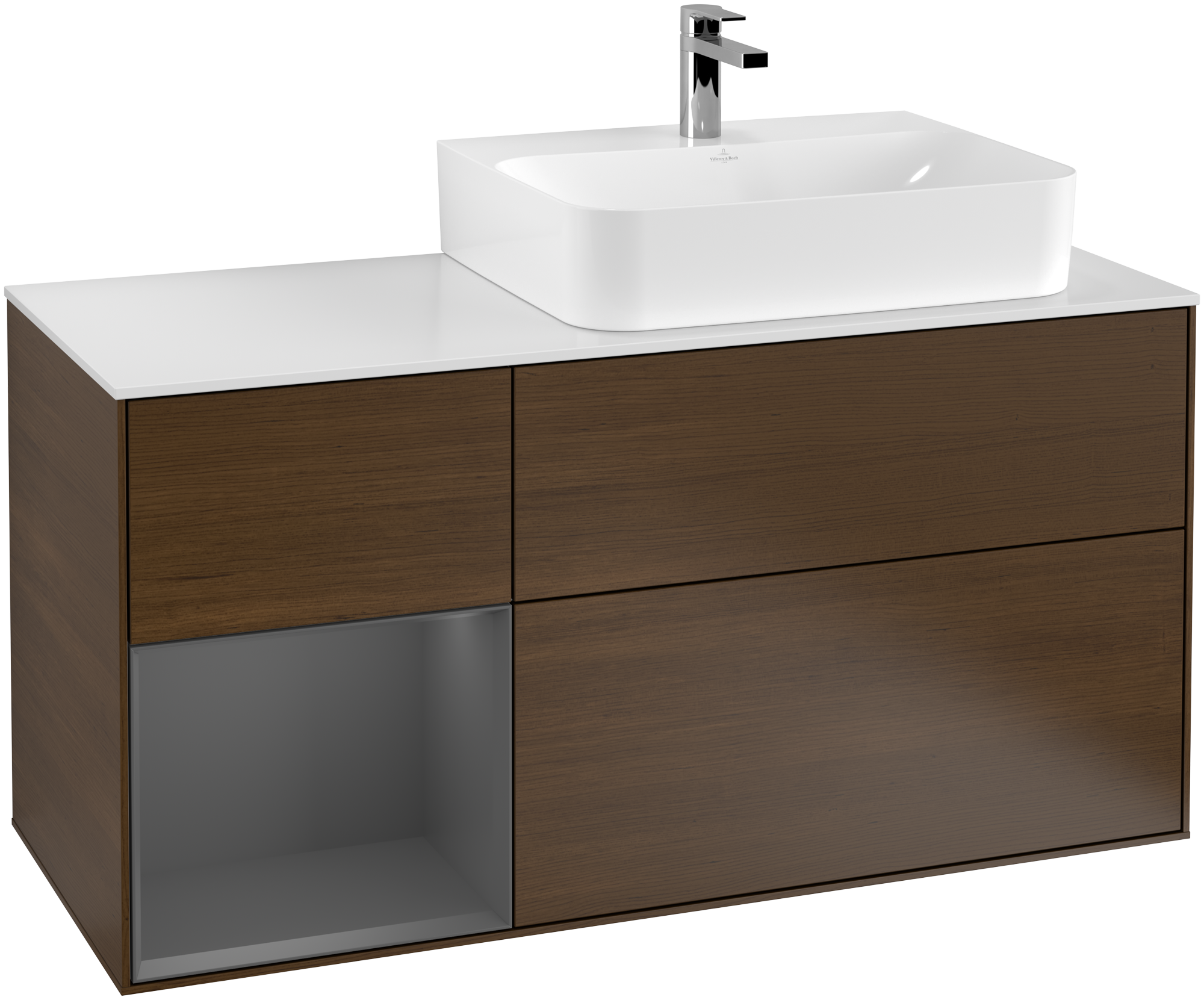 Villeroy & Boch Finion Waschbeckenunterschrank, mit Beleuchtung, 3 Auszüge, 1200x603x501mm, Korpus: Walnut Veneer, Front: Walnut Veneer, Regalelement: Anthracite Matt Lacquer, Abdeckplatte: Glass White Matt
