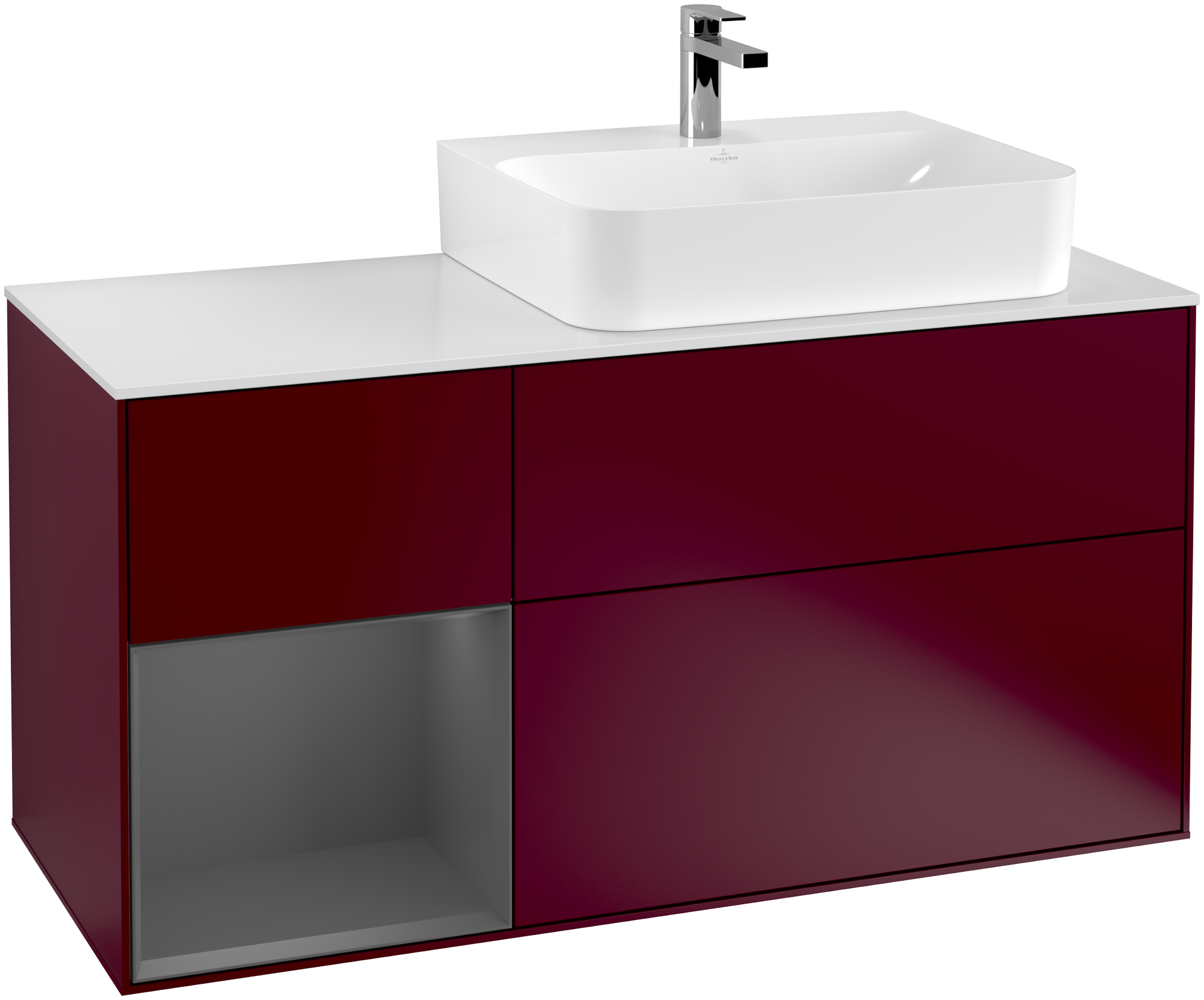Villeroy & Boch Finion Waschbeckenunterschrank, mit Beleuchtung, 3 Auszüge, 1200x603x501mm, Korpus: Peony Matt Lacquer, Front: Peony Matt Lacquer, Regalelement: Anthracite Matt Lacquer, Abdeckplatte: Glass White Matt