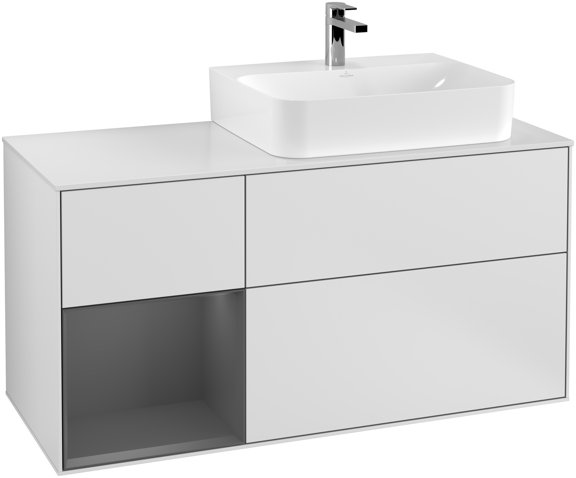 Villeroy & Boch Finion Waschbeckenunterschrank, mit Beleuchtung, 3 Auszüge, 1200x603x501mm, Korpus: White Matt Lacquer, Front: White Matt Lacquer, Regalelement: Anthracite Matt Lacquer, Abdeckplatte: Glass White Matt