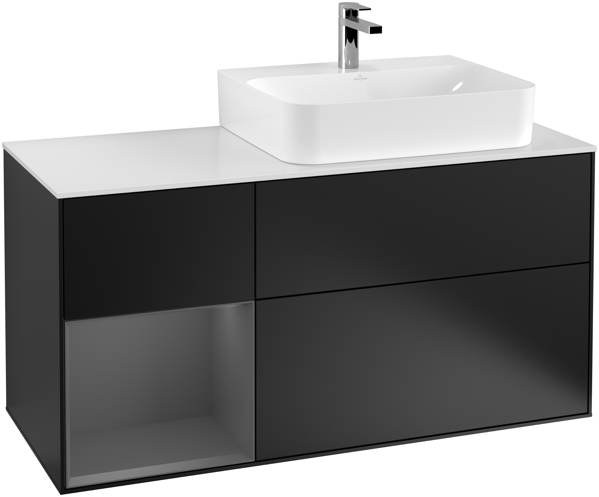 Villeroy & Boch Finion Waschbeckenunterschrank, mit Beleuchtung, 3 Auszüge, 1200x603x501mm, Korpus: Black Matt Lacquer, Front: Black Matt Lacquer, Regalelement: Anthracite Matt Lacquer, Abdeckplatte: Glass White Matt