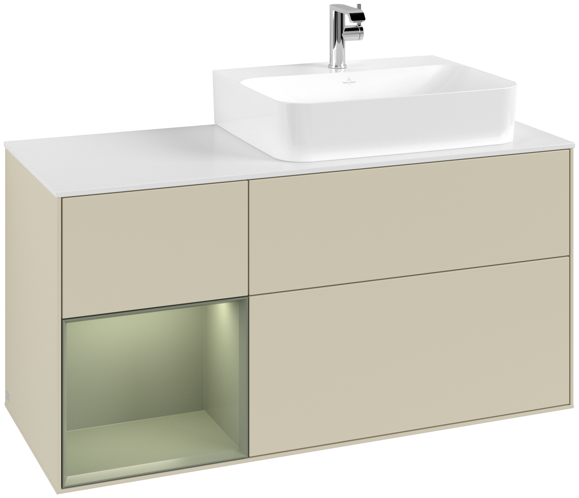 Villeroy & Boch Finion Modulo bajo, con iluminación, 3 compartimentos extraíbles, 1200x603x501mm, Cuerpo: Silk Grey Matt Lacquer, Frontal: Silk Grey Matt Lacquer, Estante: Olive Matt Lacquer, Placa de cubierta: Glass White Matt