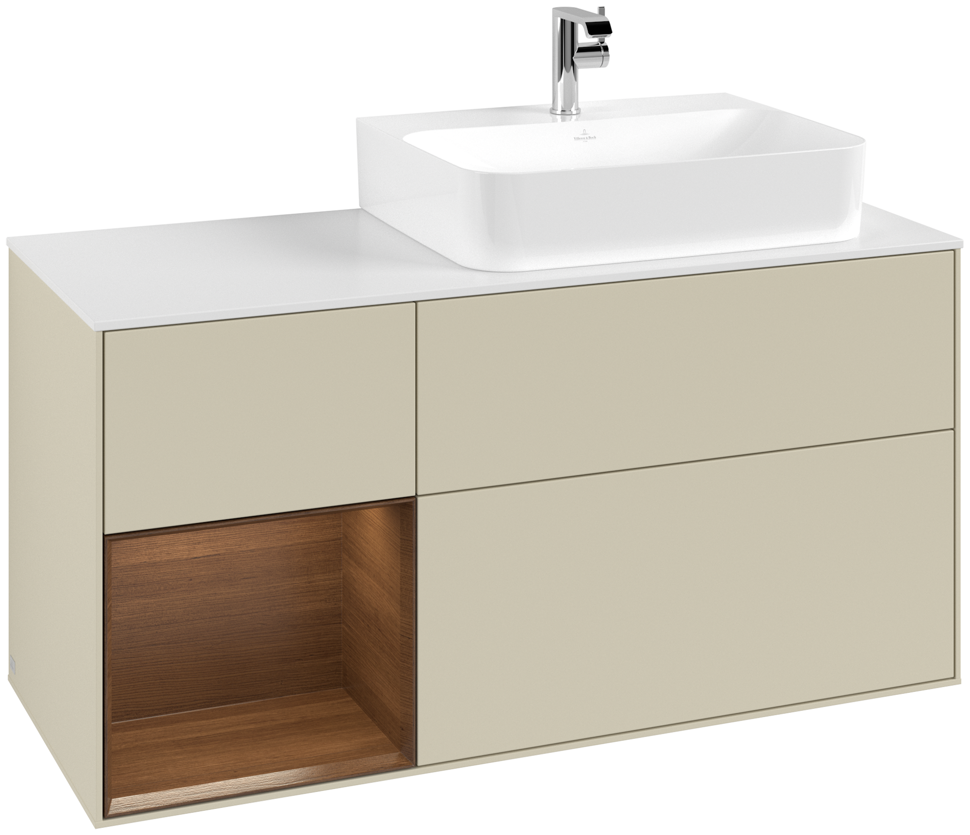 Villeroy & Boch Finion Modulo bajo, con iluminación, 3 compartimentos extraíbles, 1200x603x501mm, Cuerpo: Silk Grey Matt Lacquer, Frontal: Silk Grey Matt Lacquer, Estante: Walnut Veneer, Placa de cubierta: Glass White Matt