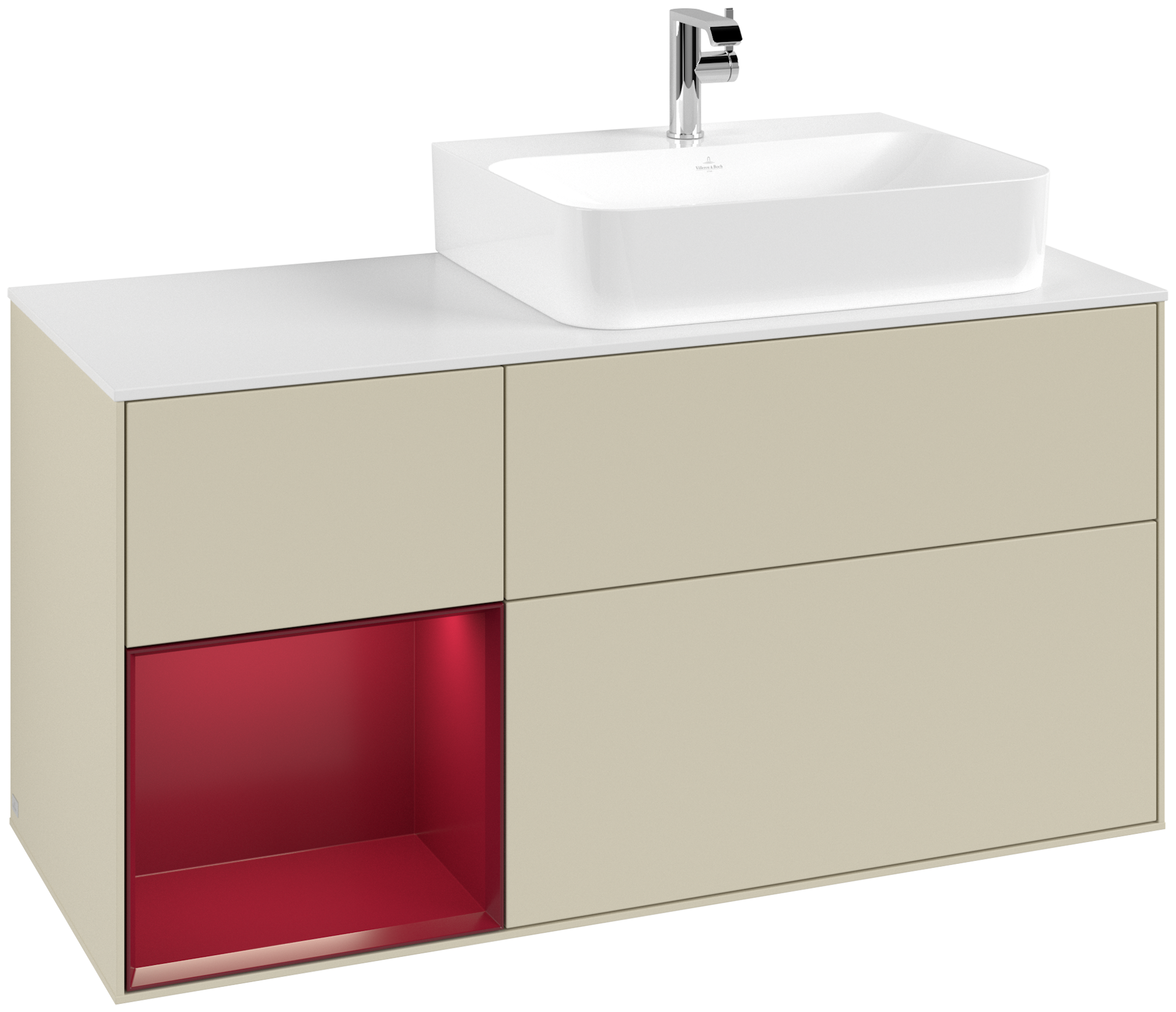 Villeroy & Boch Finion Modulo bajo, con iluminación, 3 compartimentos extraíbles, 1200x603x501mm, Cuerpo: Silk Grey Matt Lacquer, Frontal: Silk Grey Matt Lacquer, Estante: Peony Matt Lacquer, Placa de cubierta: Glass White Matt