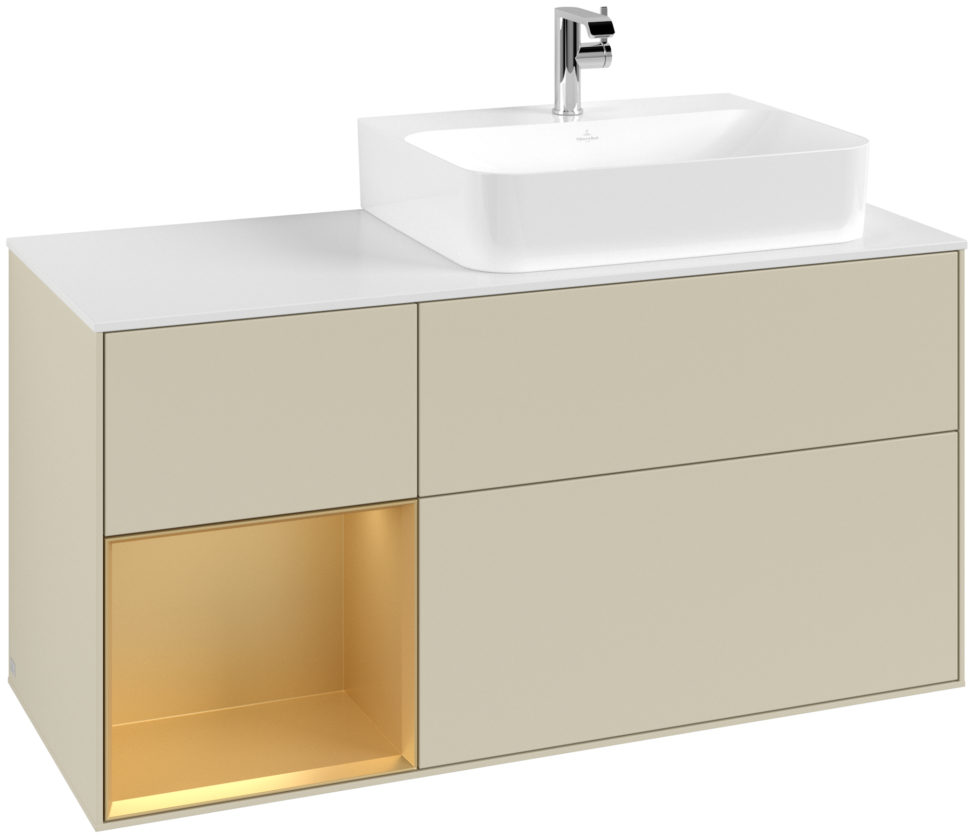 Villeroy & Boch Finion Modulo bajo, con iluminación, 3 compartimentos extraíbles, 1200x603x501mm, Cuerpo: Silk Grey Matt Lacquer, Frontal: Silk Grey Matt Lacquer, Estante: Gold Matt Lacquer, Placa de cubierta: Glass White Matt