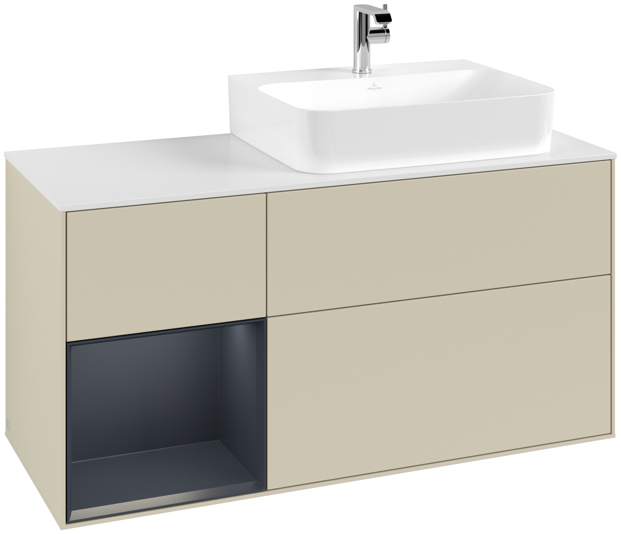 Villeroy & Boch Finion Modulo bajo, con iluminación, 3 compartimentos extraíbles, 1200x603x501mm, Cuerpo: Silk Grey Matt Lacquer, Frontal: Silk Grey Matt Lacquer, Estante: Midnight Blue Matt Lacquer, Placa de cubierta: Glass White Matt