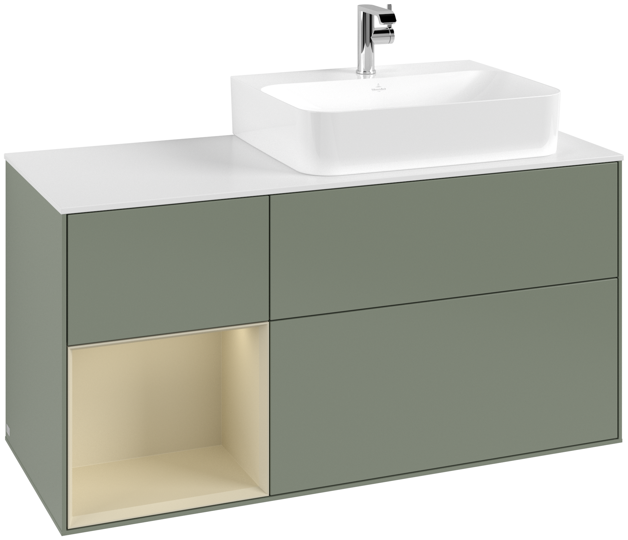 Villeroy & Boch Finion Modulo bajo, con iluminación, 3 compartimentos extraíbles, 1200x603x501mm, Cuerpo: Olive Matt Lacquer, Frontal: Olive Matt Lacquer, Estante: Silk Grey Matt Lacquer, Placa de cubierta: Glass White Matt