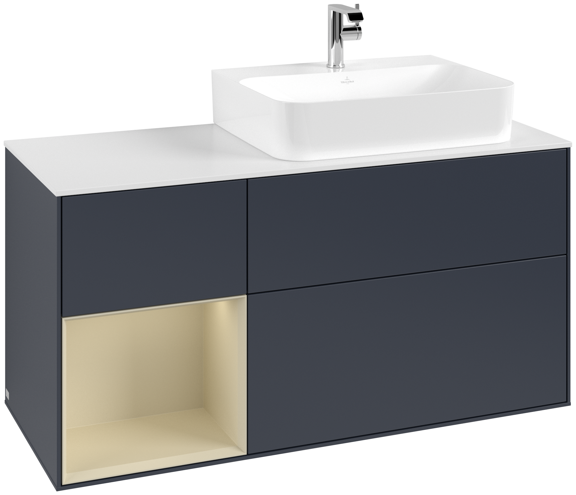Villeroy & Boch Finion Modulo bajo, con iluminación, 3 compartimentos extraíbles, 1200x603x501mm, Cuerpo: Midnight Blue Matt Lacquer, Frontal: Midnight Blue Matt Lacquer, Estante: Silk Grey Matt Lacquer, Placa de cubierta: Glass White Matt