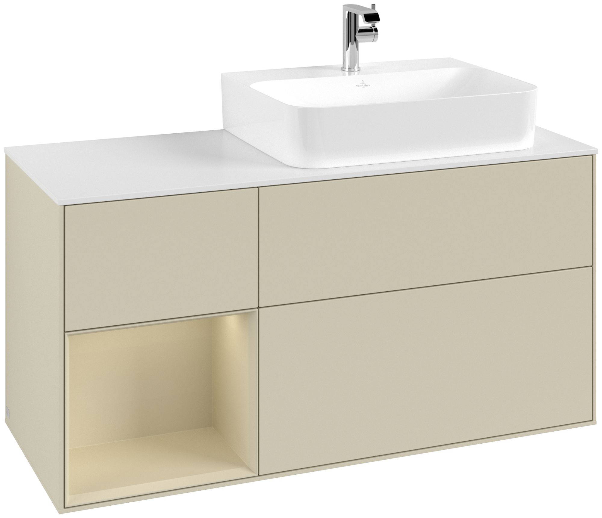 Villeroy & Boch Finion Meuble sous plan, avec éclairage, 3 tiroirs sur rails, 1200x603x501mm, Caisson: Silk Grey Matt Lacquer, Façade: Silk Grey Matt Lacquer, Élément d’étagère: Silk Grey Matt Lacquer, Plaque de recouvrement: Glass White Matt