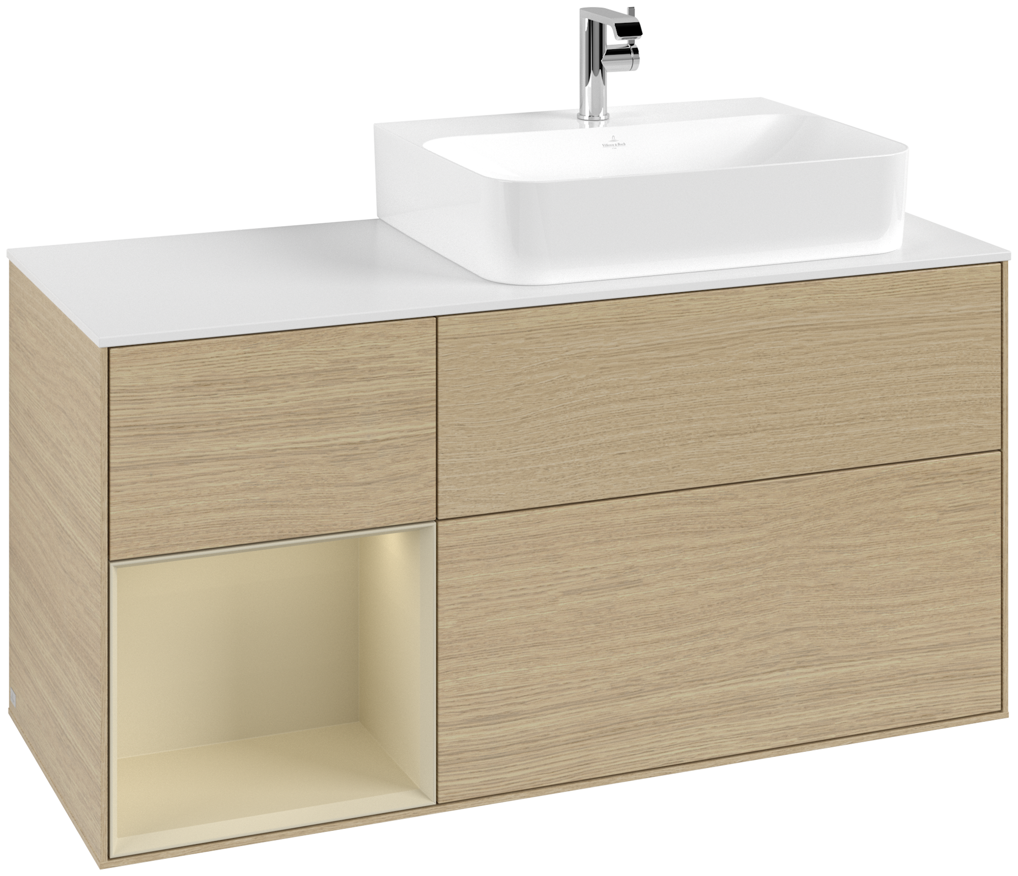 Villeroy & Boch Finion Modulo bajo, con iluminación, 3 compartimentos extraíbles, 1200x603x501mm, Cuerpo: Oak Veneer, Frontal: Oak Veneer, Estante: Silk Grey Matt Lacquer, Placa de cubierta: Glass White Matt