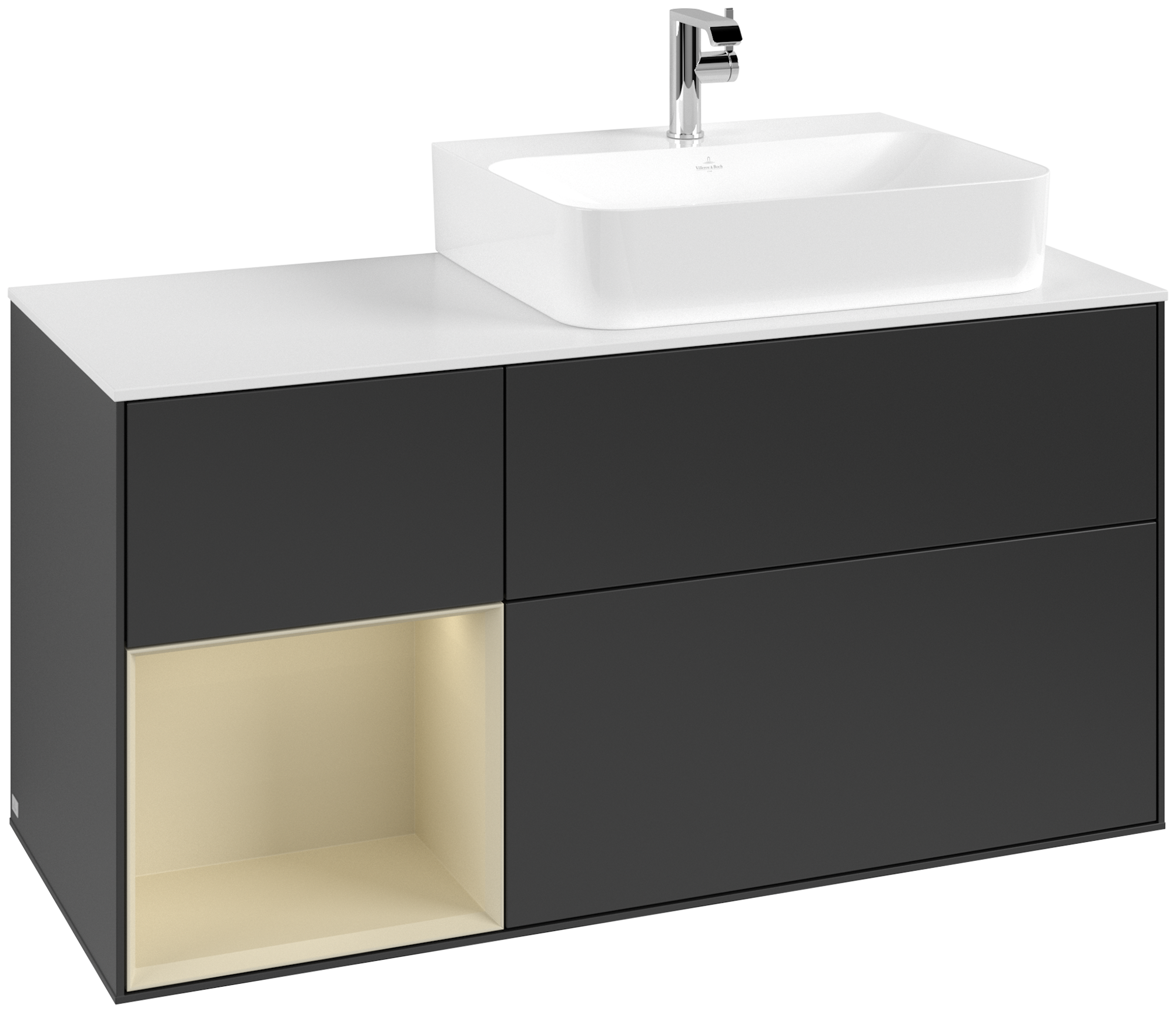 Villeroy & Boch Finion Modulo bajo, con iluminación, 3 compartimentos extraíbles, 1200x603x501mm, Cuerpo: Black Matt Lacquer, Frontal: Black Matt Lacquer, Estante: Silk Grey Matt Lacquer, Placa de cubierta: Glass White Matt