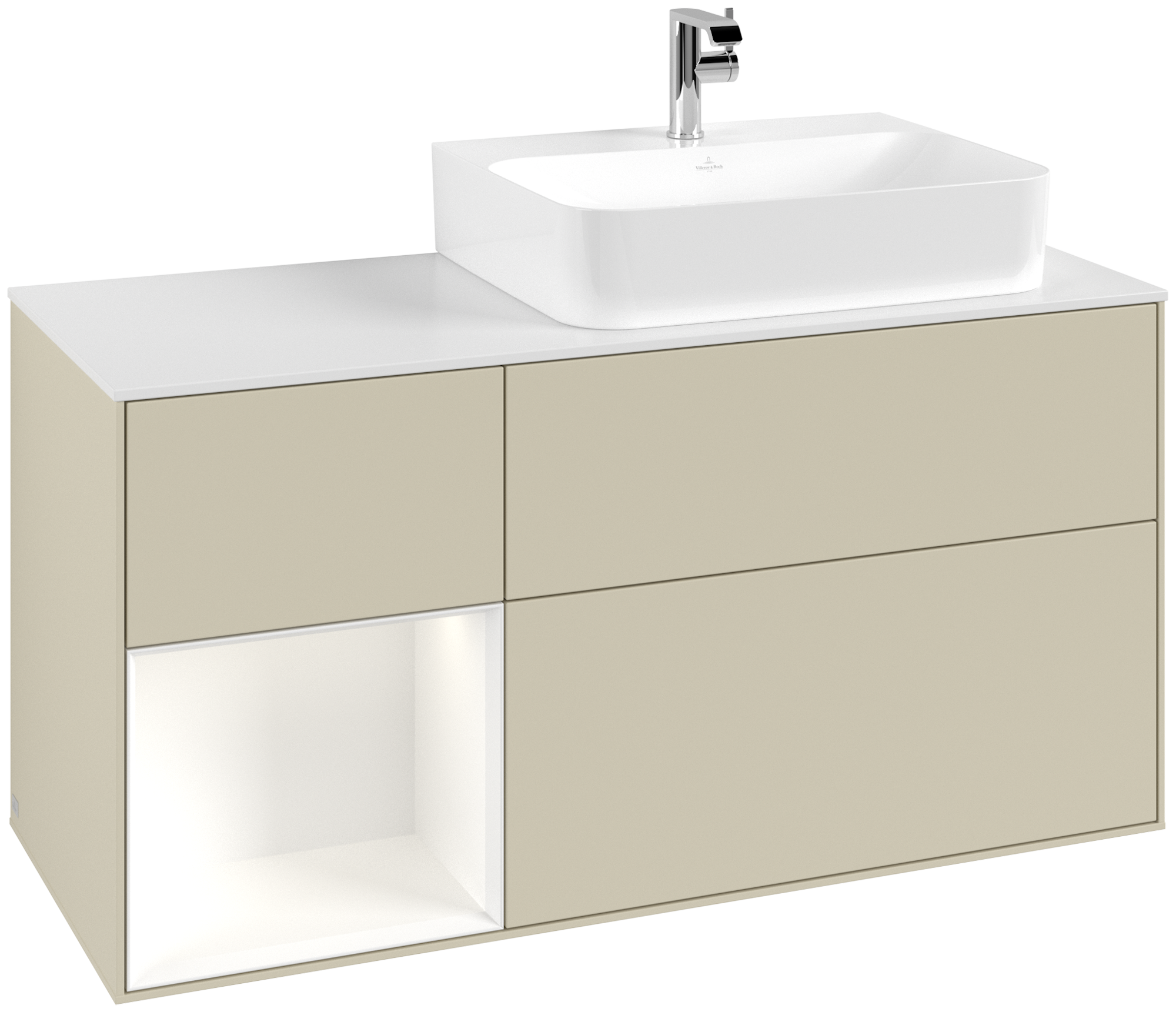 Villeroy & Boch Finion Modulo bajo, con iluminación, 3 compartimentos extraíbles, 1200x603x501mm, Cuerpo: Silk Grey Matt Lacquer, Frontal: Silk Grey Matt Lacquer, Estante: White Matt Lacquer, Placa de cubierta: Glass White Matt